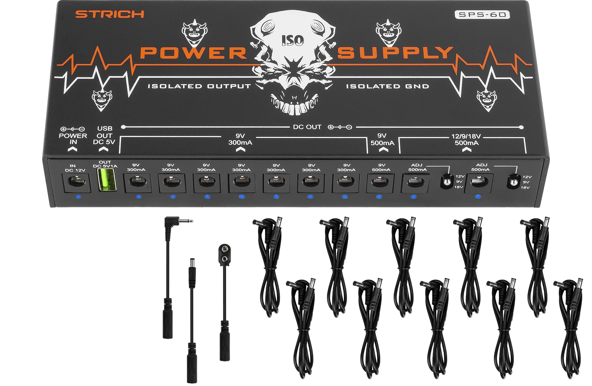 STRICH SPS-60 Alimentador para Pedales de Guitarra, 10 Salidas DC Totalmente Independientes, 9V/12V/18V (300mA/500mA), Alta Potencia para Pedales de Efectos de Alto Corriente