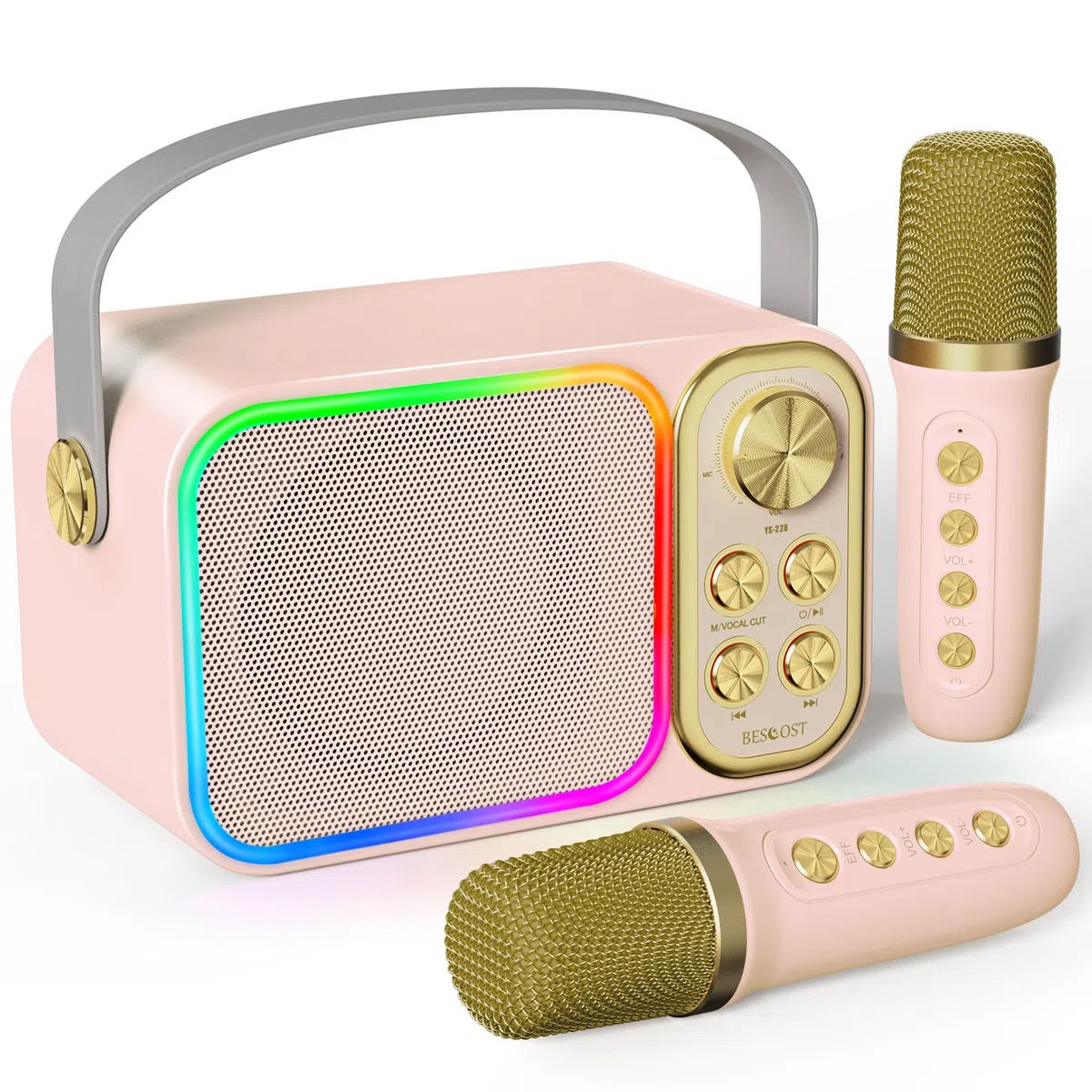 LED Karaoke 2 Micrófonos Inalámbricos, Infantil Karaoke Profesional, Máquina de Karaoke Portátil Bluetooth con 7 Efectos de Voz Cambiantes, Batería Recargable Incorporada