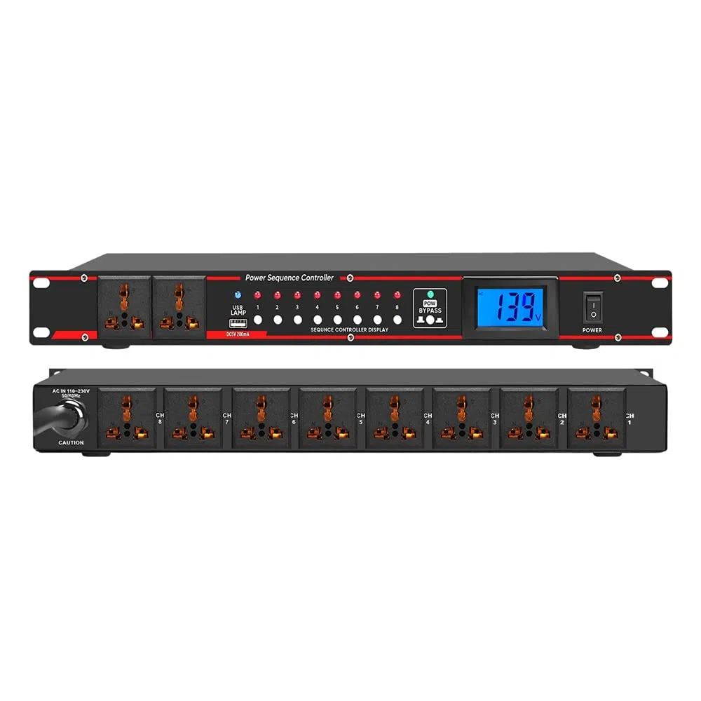 Pro Audio - Acondicionador de alimentación de 10 tomas, 8 interruptores independientes, protector de sobretensiones de 110-230 V, 2000 W, salida máxima de un solo canal, 16 amperios, color