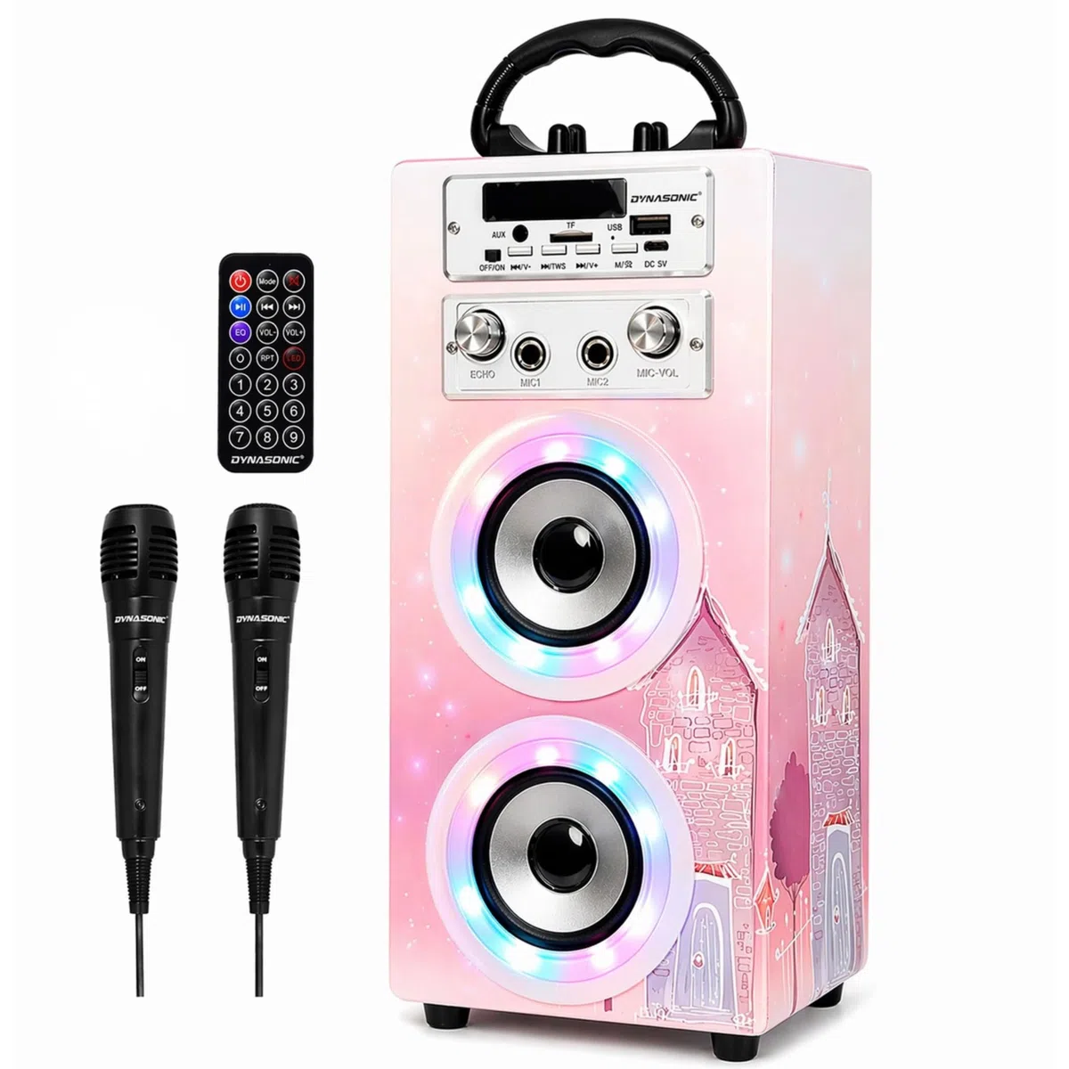 Dynasonic Karaoke Altavoz Bluetooth Portatil, 2 Micrófonos, USB/SD/AUX, Luces LED, Batería Recargable. Regalo para niños, comunión, cumpleaños y Fiestas