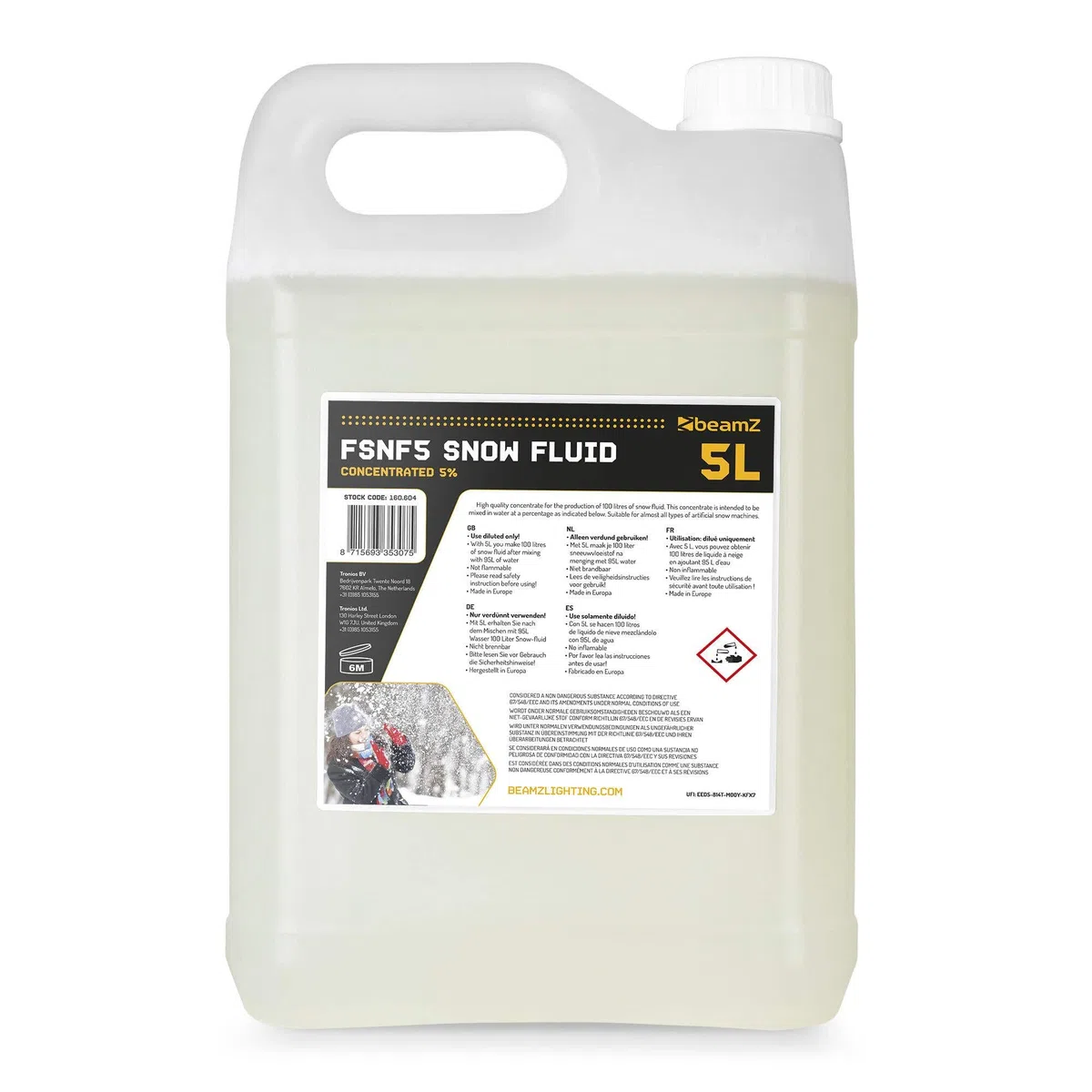 Beamz FSNF5 Líquido para Máquinas de Nieve Concentrado 5L, CREA 100L de Líquido para Nieve, Líquido para Máquinas de Nieve no inflamable para Efectos realistas, Compatible Amplia Gama de máquinas