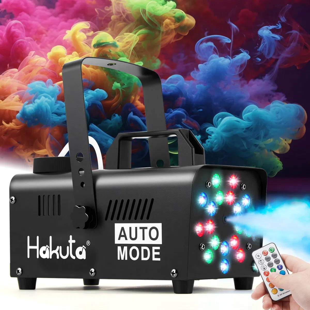 Hakuta Máquina de Humo con 18 Luces LED, Máquina de Niebla Automática para Halloween, Bodas y Fiestas DJ con Modos Carrera