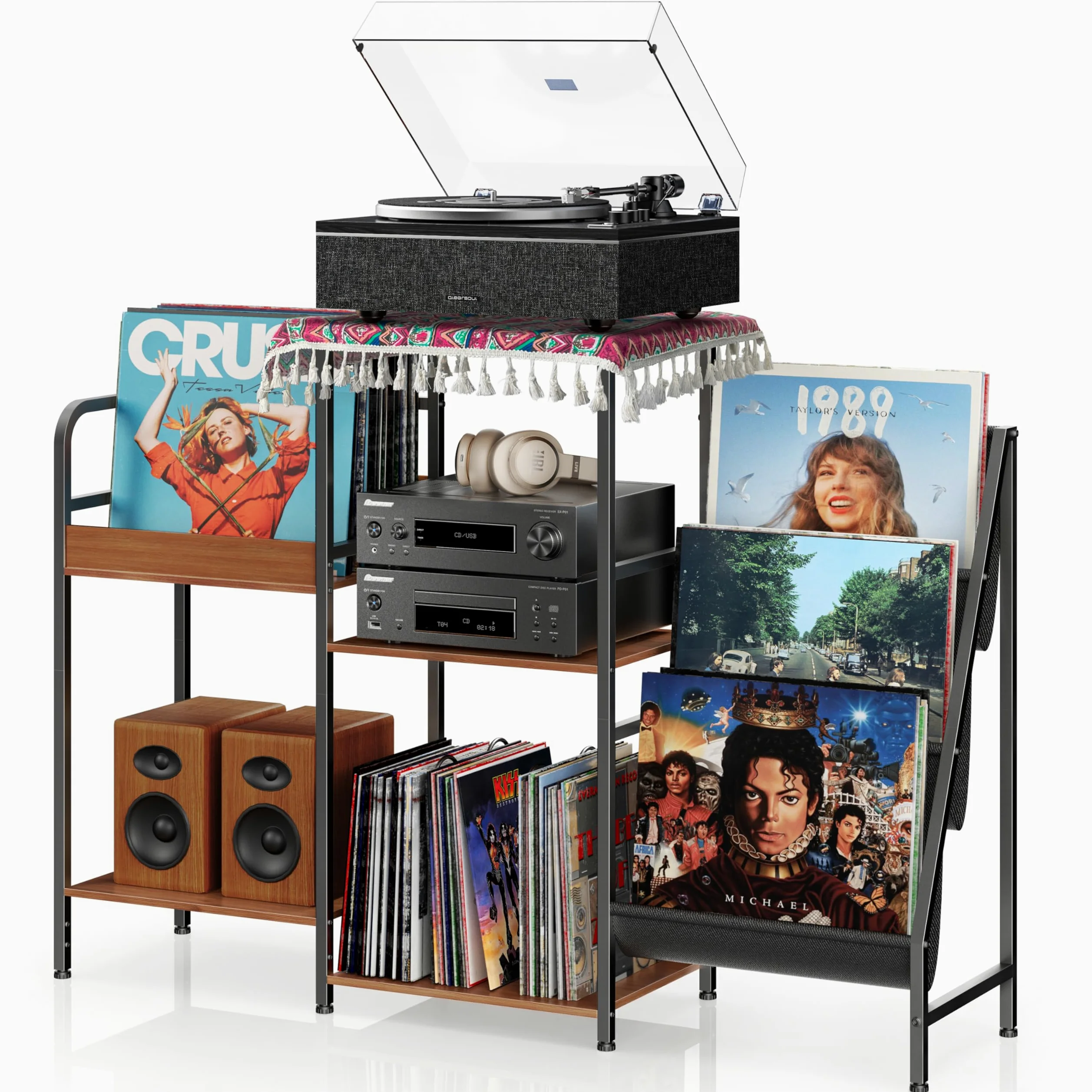 Qlearsoul Mueble para Tocadiscos y Vinilos, Mesa con Almacenamiento para Discos de Vinilo, Soporte con Estantes, Mueble Vinilos para Salón