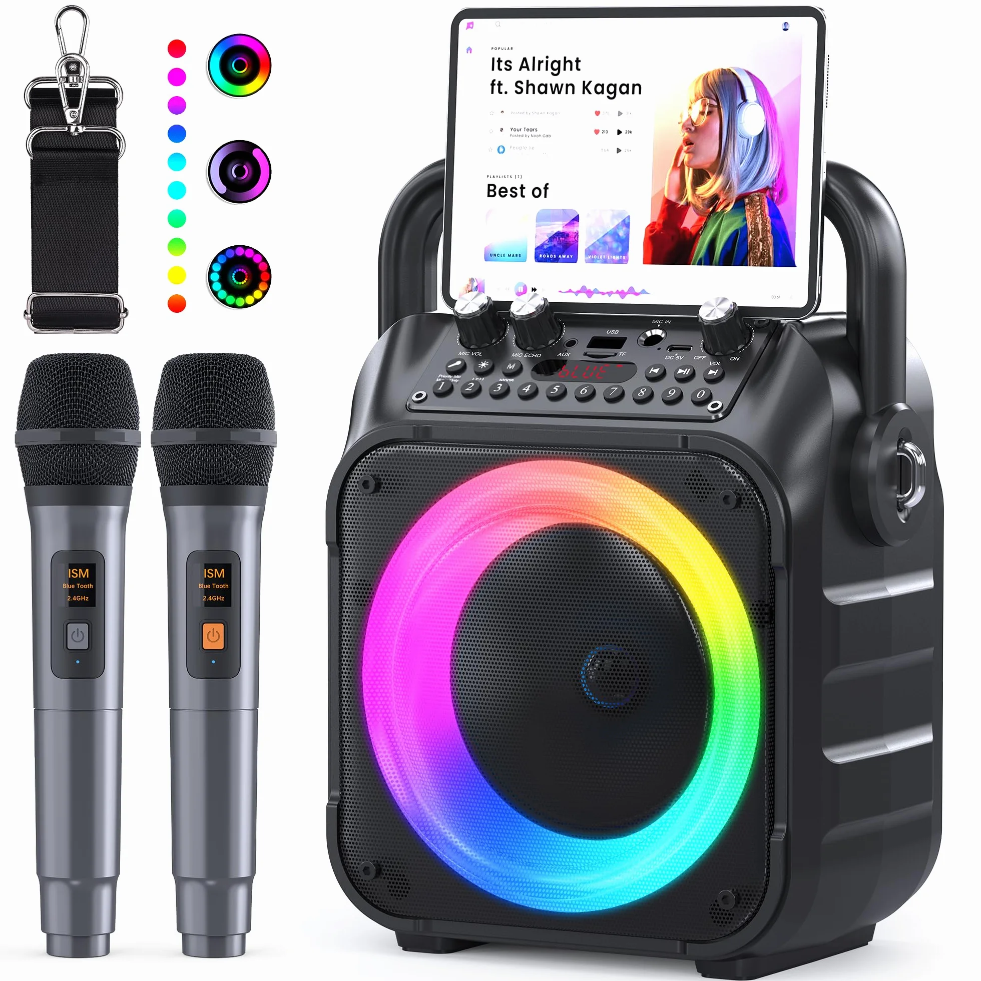 Karaoke 2 Microfonos Inalambricos Ankuka [Versión Actualizada] Altavoz con Microfono de 12W con Subwoofer de 6,5", Autonomía de 8H, Soporta TV/Smartphone/TWS/AUX/USB, Regalo para Niños y Adultos