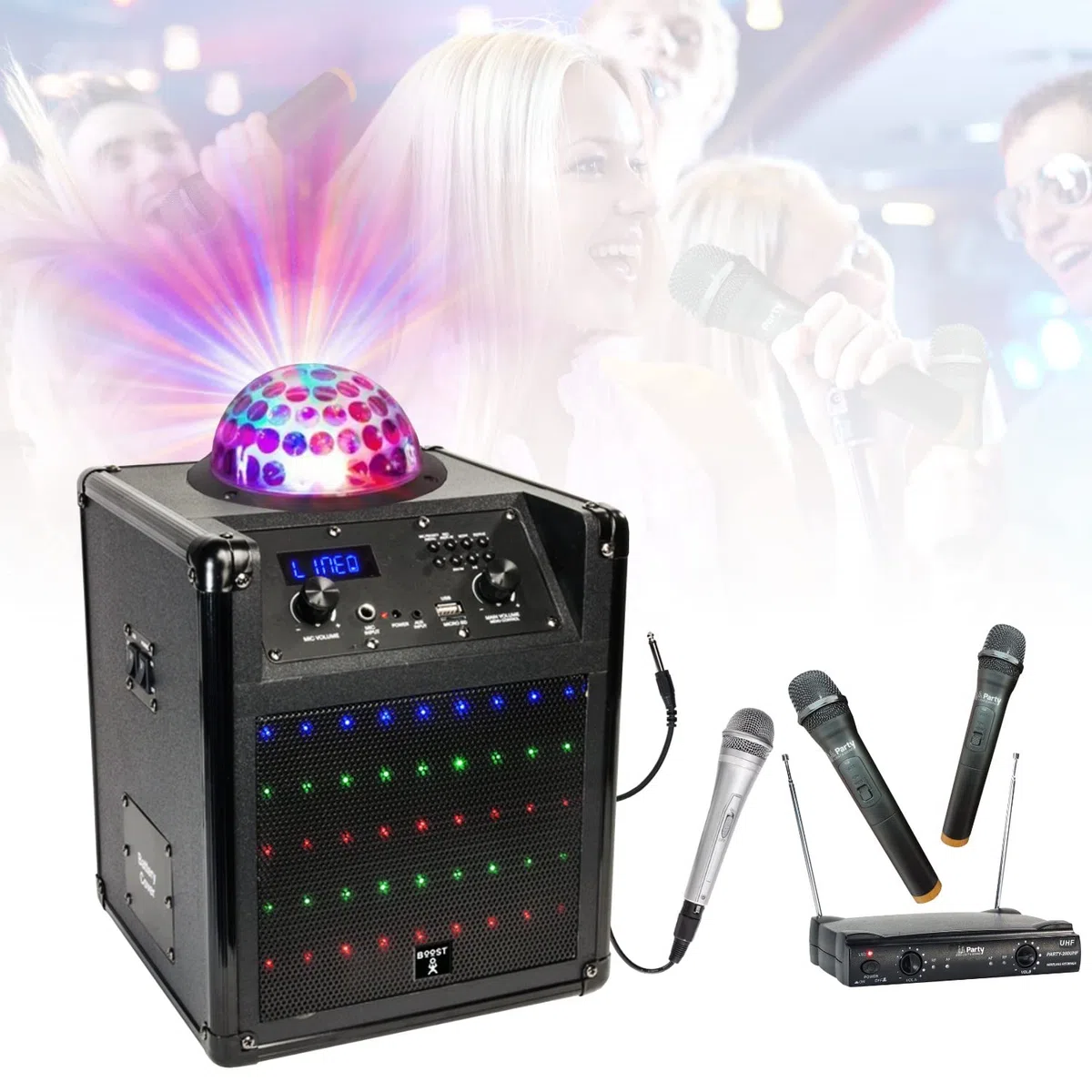 Party Light & Sound – Pack de altavoz Karaoke con batería Bluetooth USB SD Boost-KUBELED-BK – 2 micrófonos inalámbricos – 1 micrófono con cable – Mando a distancia para niños