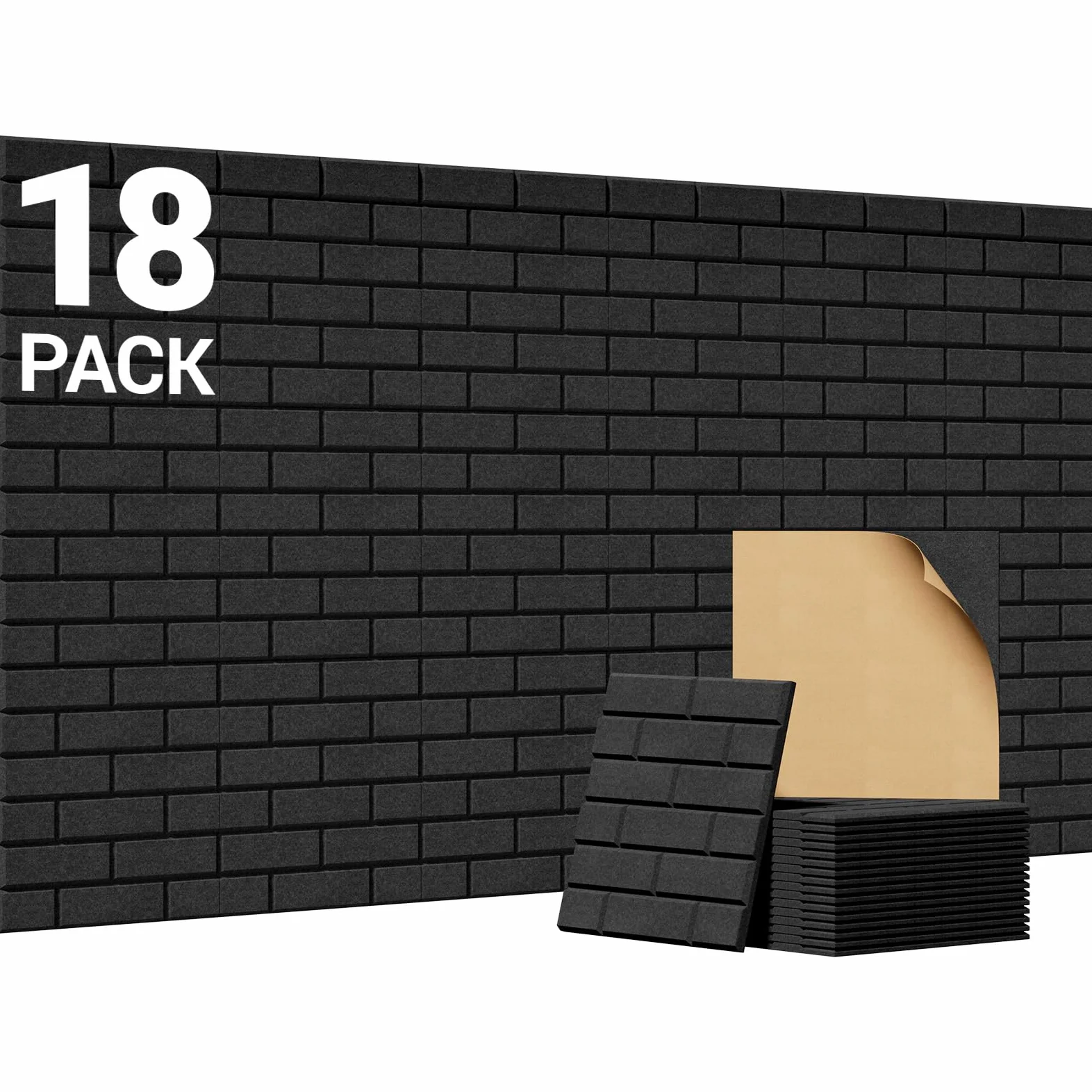 TONOR Lote de 18 paneles Acústicos con Forma de Ladrillo, 30 x 30 x 0,9 cm Espuma Acústica Autoadhesiva, Paneles Decorativos para Paredes de Salones, Dormitorios y Oficinas, Negro