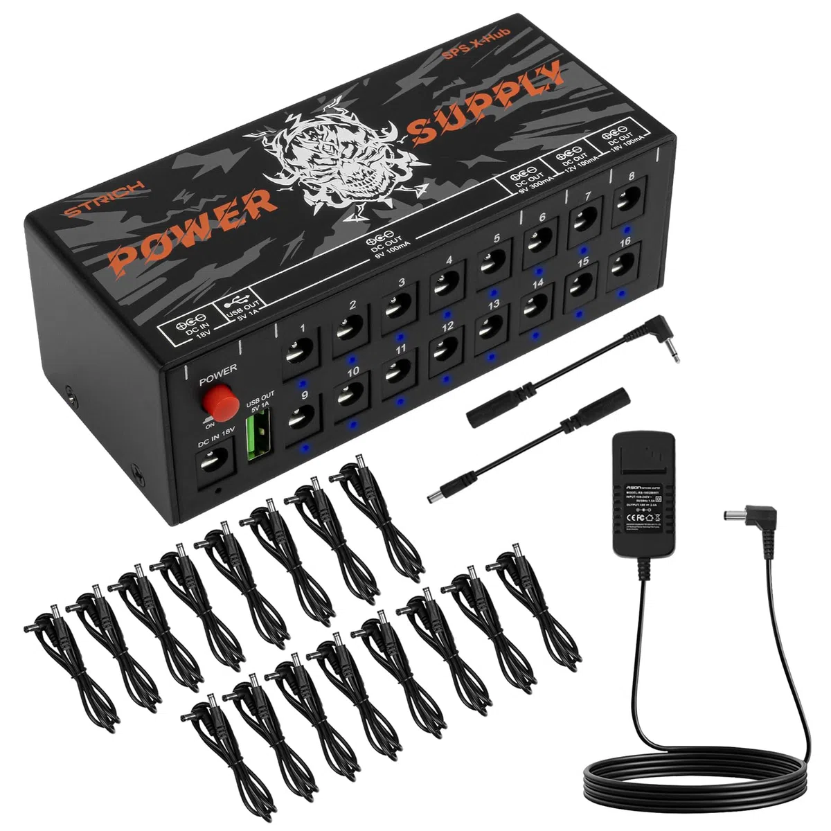 STRICH SPS X-Hub Fuente de alimentación para pedal de guitarra de 9 V/12 V/18 V,100 mA - 300 mA,16 salidas independientes, protección contra cortocircuitos silencioso, puerto USB de 5 V 1 A compatible