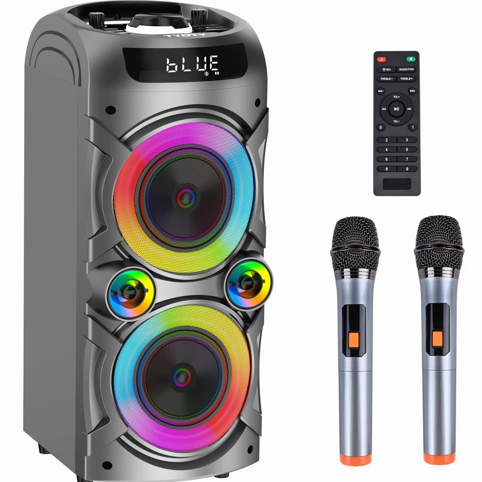Máquina de karaoke con 2 micrófonos inalámbricos, sistema PA portátil, altavoz Bluetooth grande con luces LED, control remoto compatible con ajuste de graves/agudos, tarjeta TF/USB, REC para fie