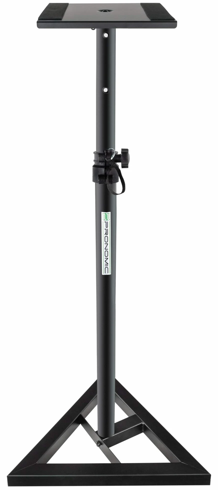 Pronomic SLS-10 Soporte de altavoz para monitor de estudio - Altura ajustable de 80 cm a 130 cm, base triangular, pies de goma, pies con pinchos, acero, placa de soporte con tiras de goma - Negro