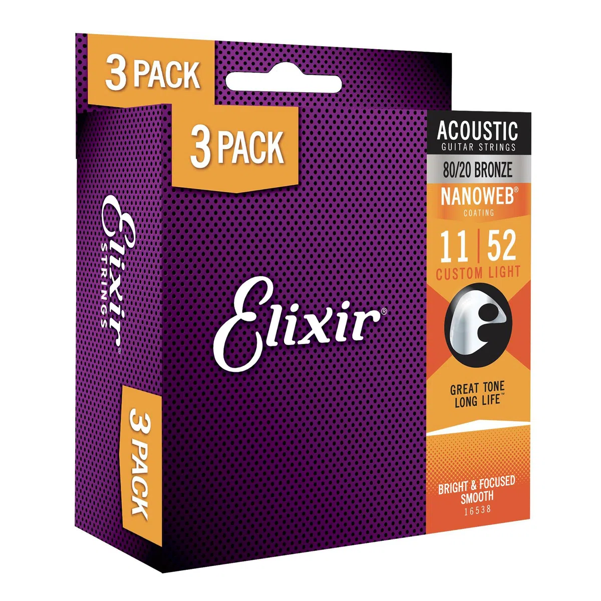 Elixir Pack de 3 juegos de cuerdas - Cuerdas de guitarra acústica Strings de bronce en proporción 80/20 con recubrimiento NANOWEB, calibre ligero personalizado (.011-.052)