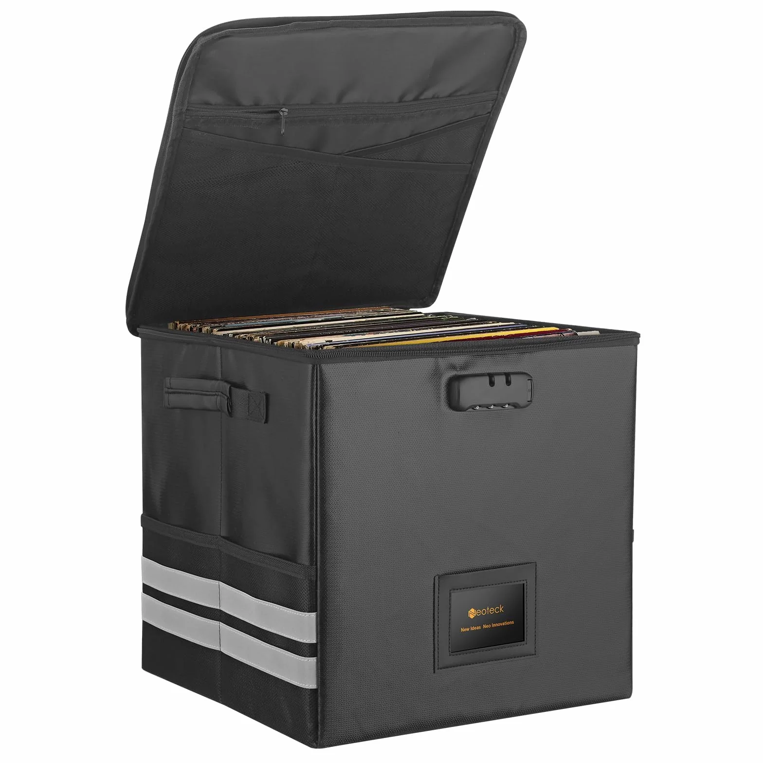 Neoteck Caja de Almacenamiento de Discos de Vinilo Ignífugo con Cerradura de Combinación, Bolsillo de Malla y Tiras Reflectantes para Djs y Entusiastas