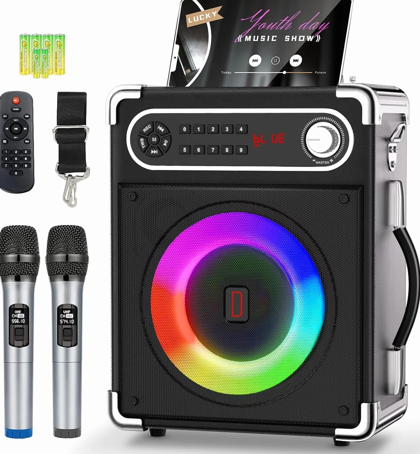 Máquina de Karaoke con 2 micrófonos inalámbricos, Altavoz portátil Bluetooth 5.3 con Luces LED, Ajuste de Graves y Agudos, Sistema de PA con Control Remoto, Compatible con FM/AUX/USB/TF