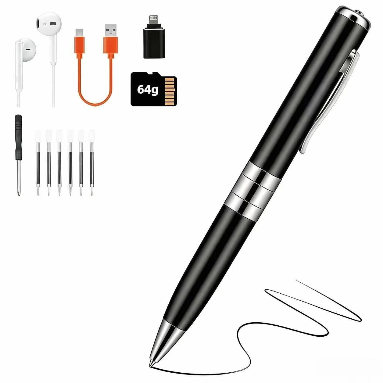 Pluma Grabación de Voz de 64 GB - Grabadora de Voz automática y Continua Mediante activación rotativa, Grabadora de Voz Espía Discreta para Cursos, Reuniones, Entrevistas (Negro)
