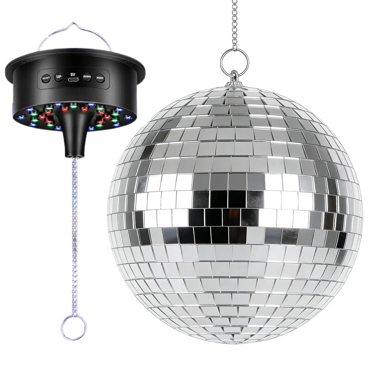 Bola de discoteca con motor y luz, bola de espejo de 20 cm con 30 perlas LED, 6 modos de color, 3 programas, mando a distancia y control de sonido, funciona con USB/batería para fiestas, discotecas