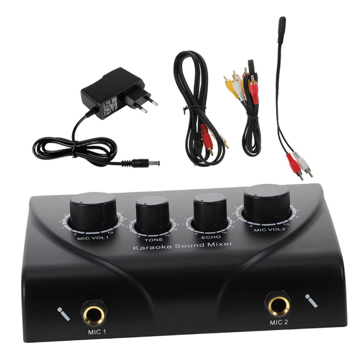 Mezclador de Audio Profesional y Cable Incluido para Karaoke Volumen Ajustable con Doble Entrada de Micrófono Negro para Uso en Escenarios y Salas Ktv