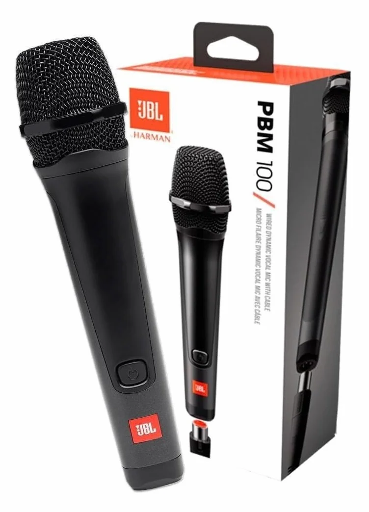 JBL Micrófono PBM 100 con cable, micrófono vocal dinámico para tus fiestas o ratos con tus amigos con modelo cardioide con el legendario sonido JBL, fácil de usar, en negro