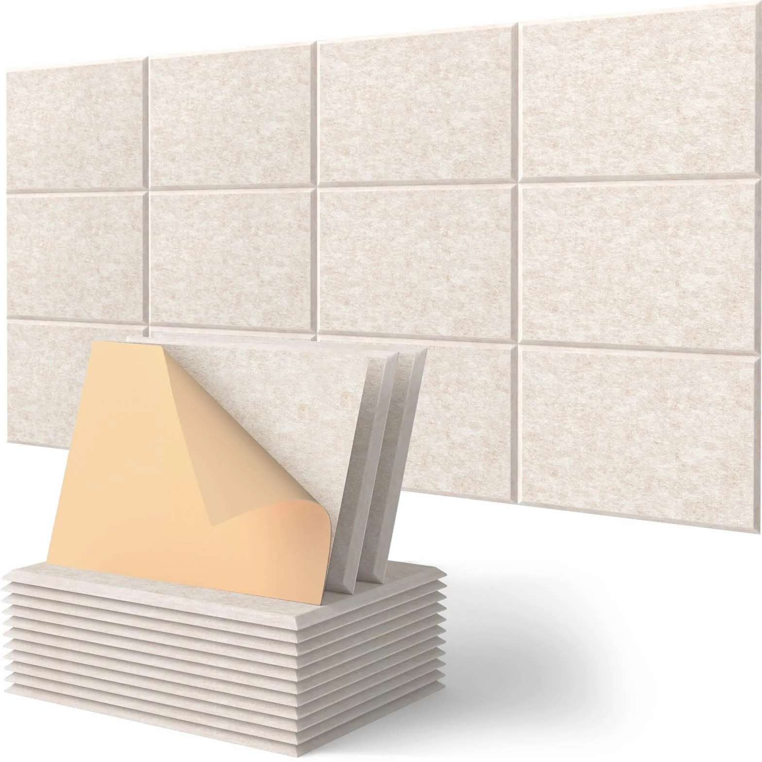 Kuchoow Paneles Acusticos Rectangular Decorativos Pared Autoadhesivo, 12 piezas placas acustica pared y reducción de sonido eco para habitación, salon, puerta y techo, 40 x 30 x 0,9 cm, Beige