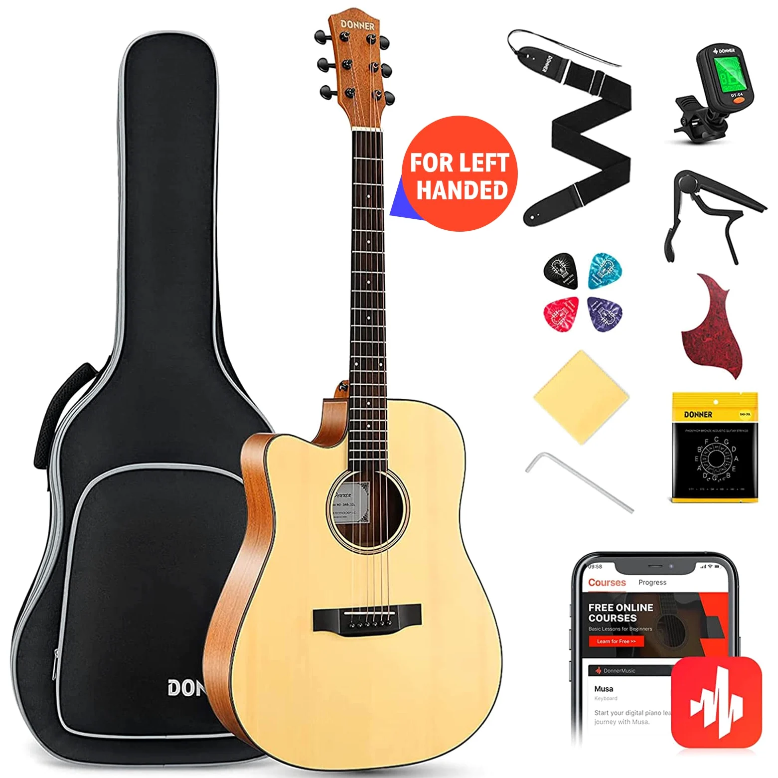 Kit de guitarra acústica Donner para zurdos principiantes adultos, tamaño completo 41 pulgadas cutaway, set con funda, correa, afinador, cejilla, golpeador y cuerdas, modelo DAG-1CL