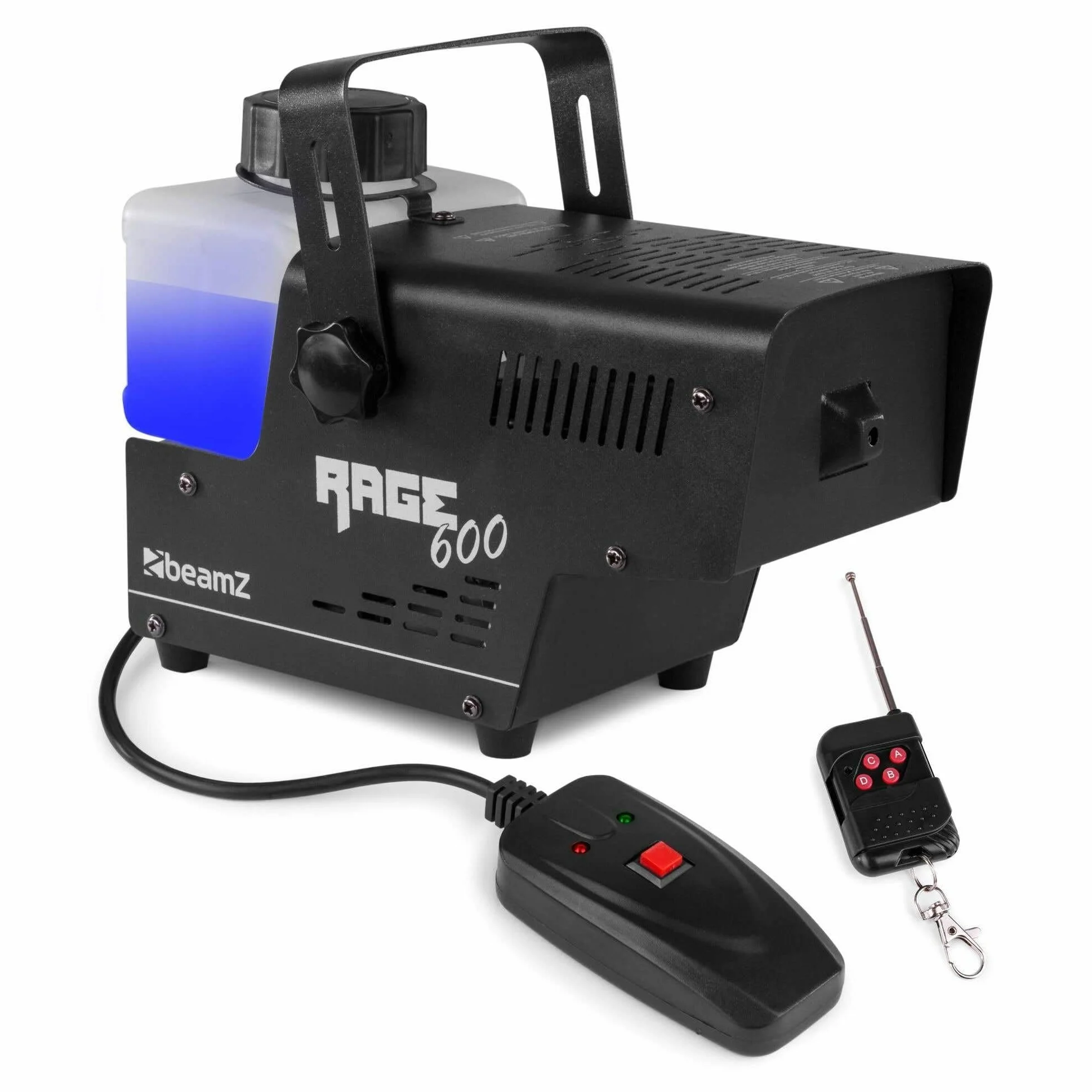 BeamZ RAGE 600 - Máquina de humo de 600 W, depósito 500ml iluminado, calentamiento rápido en 2 minutos, salida de humo de 65m³ por minuto, mando a distancia con cable de 3 metros y mando inalámbrico