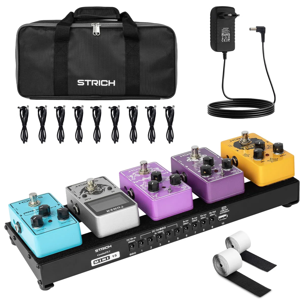 STRICH - Tablero de pedal de guitarra con fuente de alimentación integrada, tablero de pedal pequeño de 15 x 5.1 pulgadas, aleación de aluminio ligero de 1.4 libras, pedalboard con cables de pedal,
