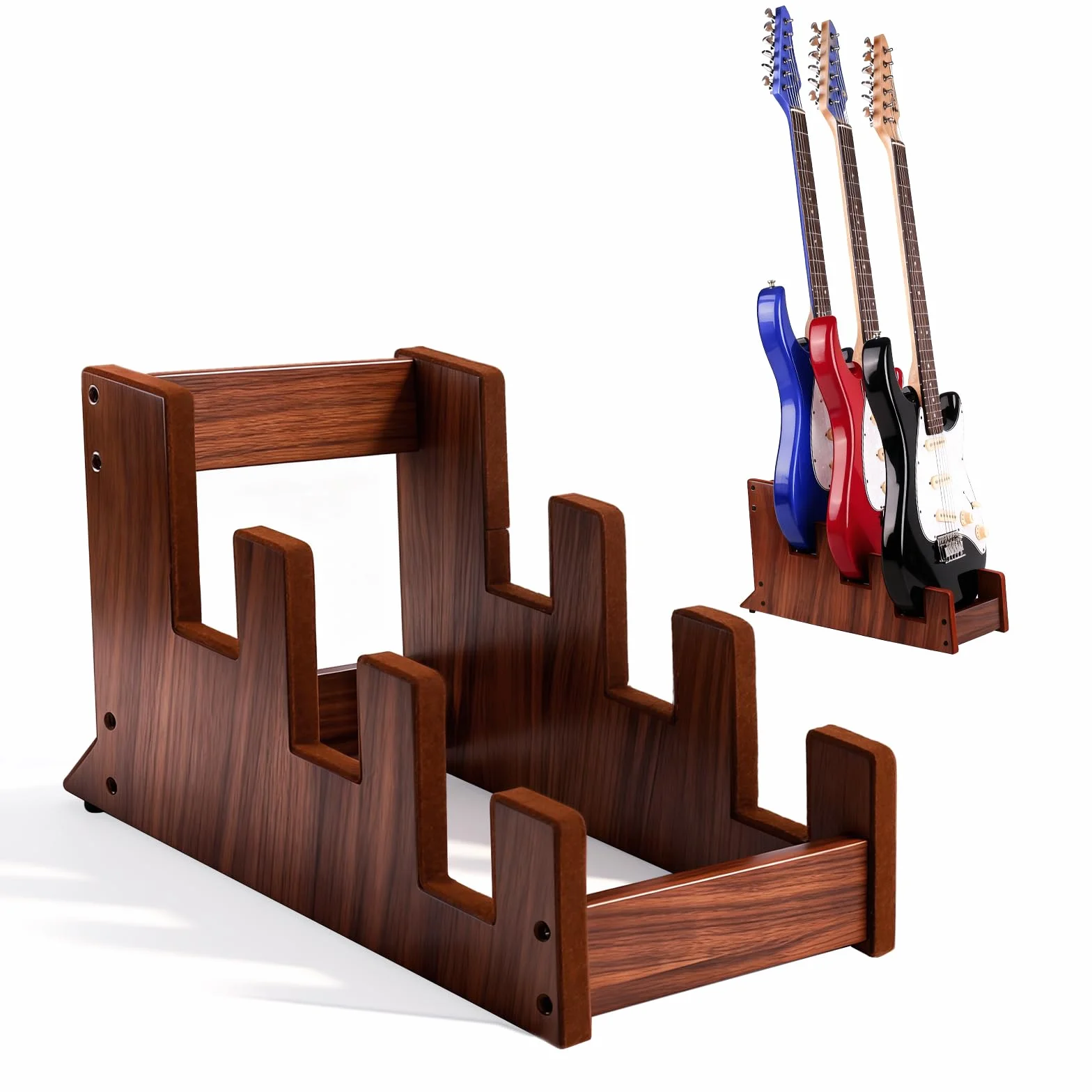 DIDA Soporte de suelo de madera para múltiples guitarras eléctricas, 3 soportes, ahorro de espacio, soporte para guitarra de suelo para casa, estudio, escenario, varias guitarras eléctricas, bajo