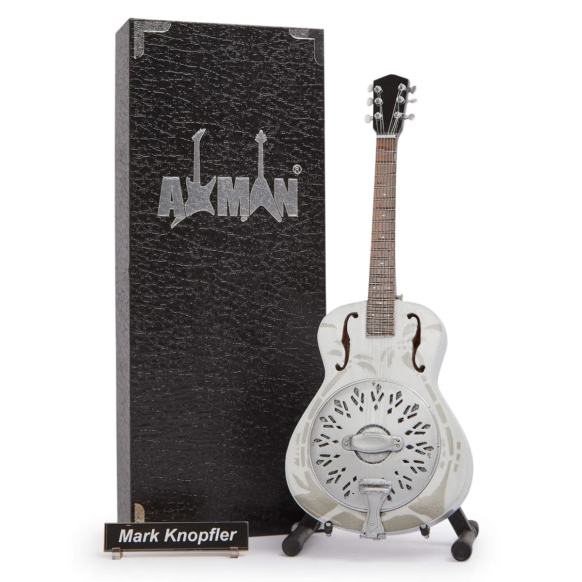 Axman - Réplica en miniatura de la guitarra de Mark Knopfler, hecha a mano a escala 1/4, ornamental, con caja de exposición, con etiqueta para el nombre y soporte, regalos musicales, estante incluido