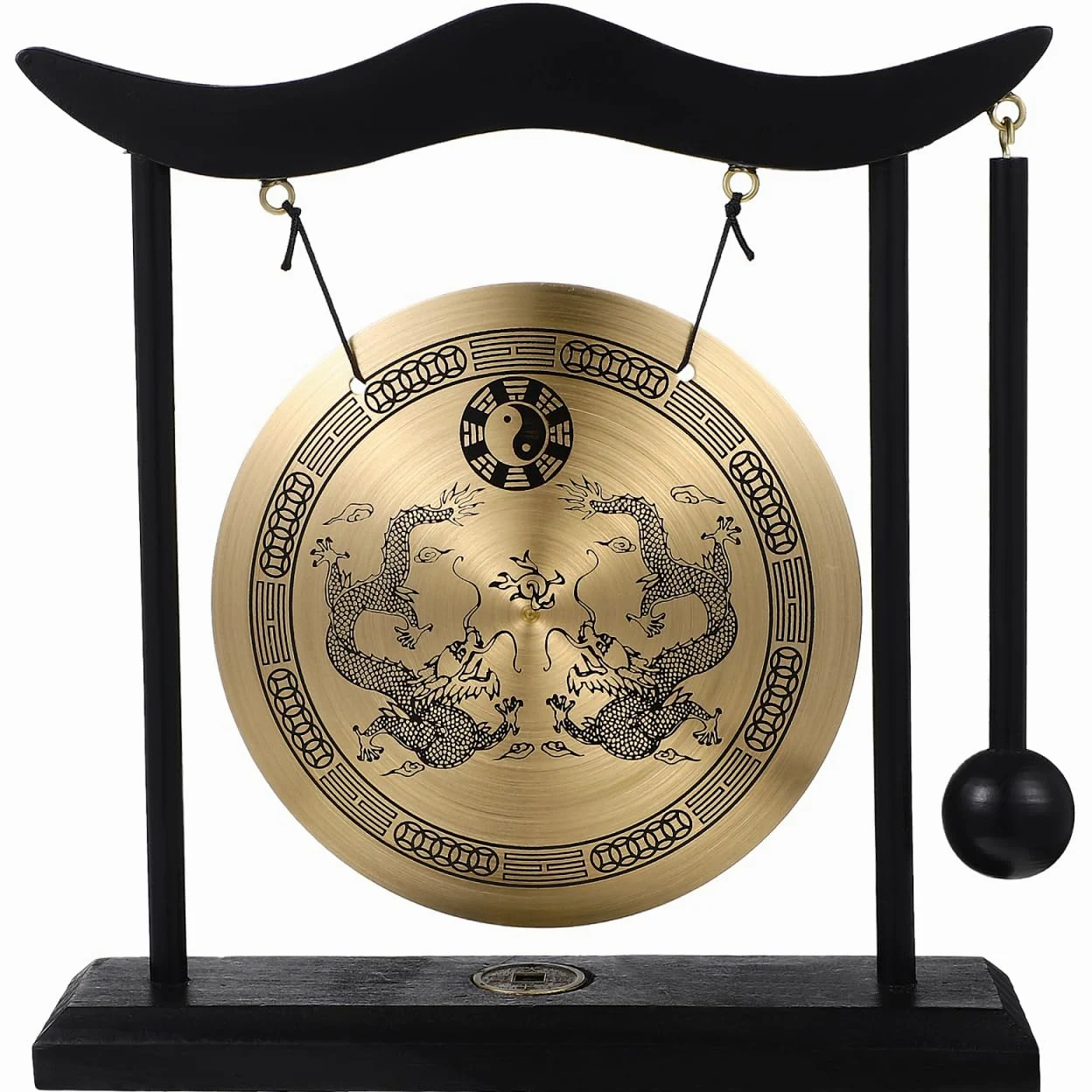 Vaguelly Gong con soporte de madera, pequeña mesa decorativa, timbre de gong, diseño de dragón, instrumento de percusión chino, decoración para el hogar, la oficina