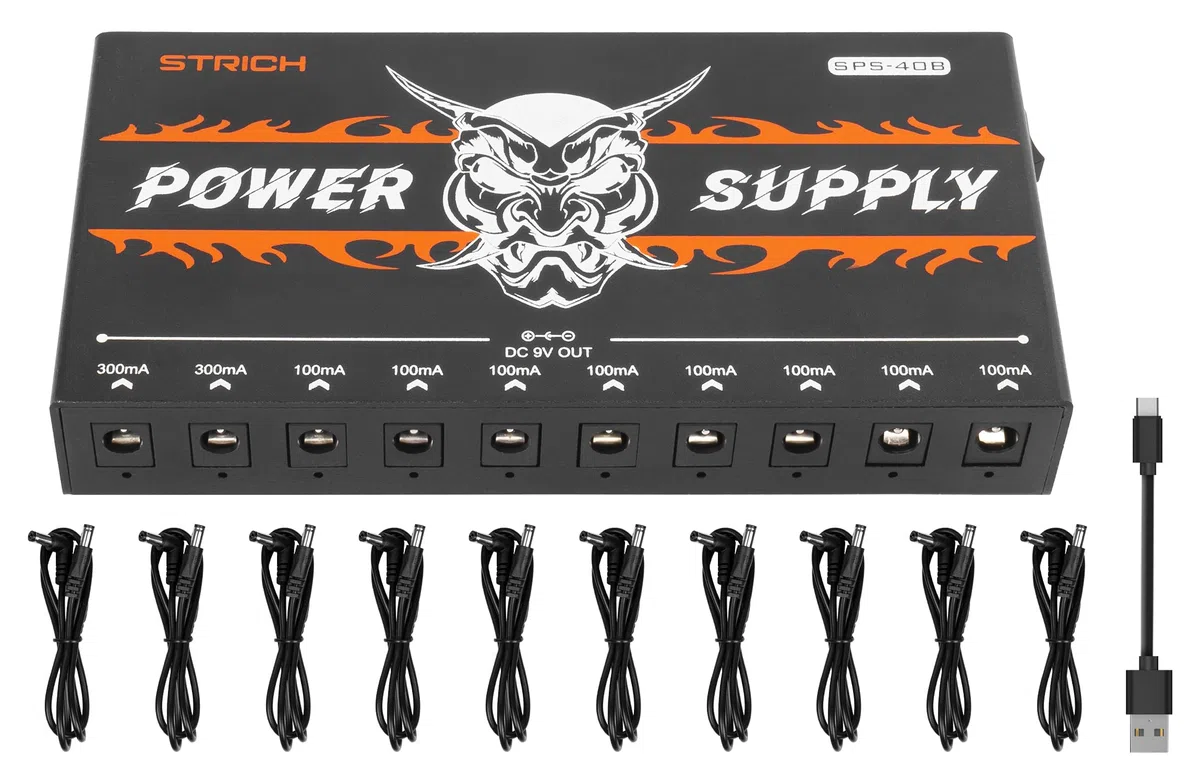 STRICH Fuente de alimentación de Pedal SPS-40B con Conectores Integrados de 10000 mAh, 10 Salidas CC 9 V (2 x 300 mA, 8 x 100 mA) para Pedales de bajo y Guitarra, batería Recargable, Pedal de Efecto