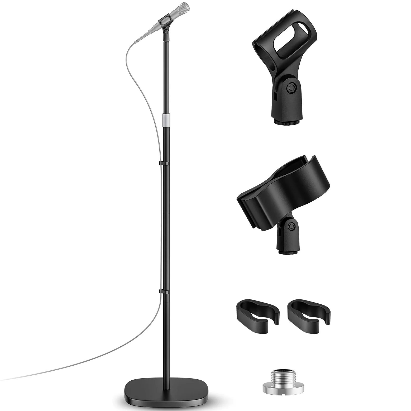 Soporte de Micrófono - Pie de Micro Universal con Base Ponderada Compacta + 2 Grapas Universales, Altura Ajustable de 55cm a 170cm para Karaoke en Casa, Actuaciones Callejeras y Escenarios