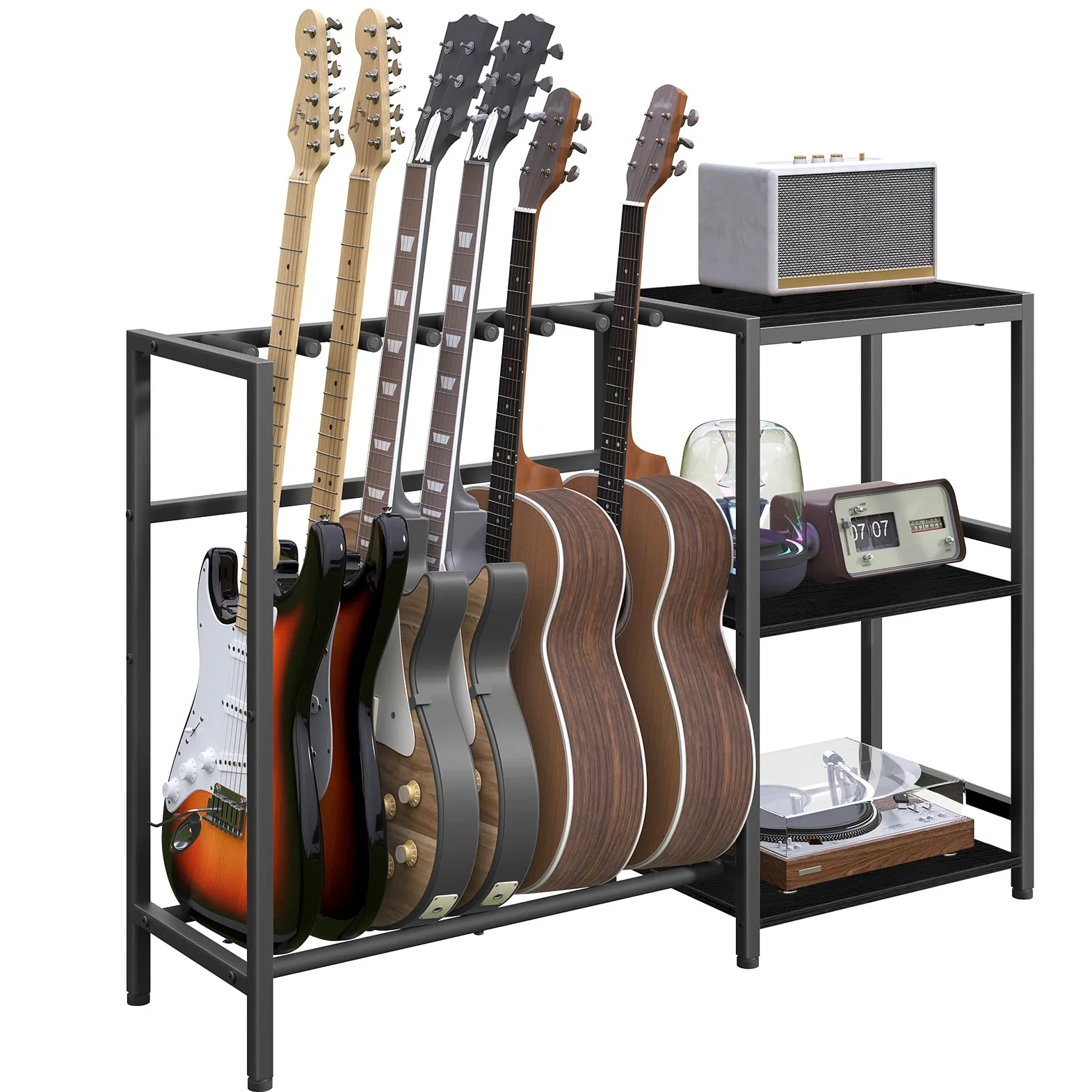 MAHANCRIS AGSBK9701 - Soporte de guitarra para instrumentos de 5 a 6 cuerdas, apto para guitarra acústica, bajo, soporte para guitarra con estantes para tocadiscos, con almohadillas de goma