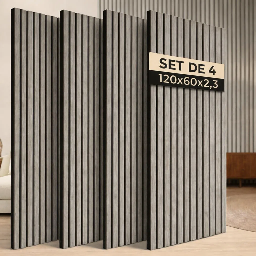 Ediesi, Paneles Acusticos Decorativos 120x60 cm, Revestimiento de Pared en Madera con Listones, Aislante de Ruido, Diseño Moderno para Salon, Oficina o Estudio (Gris, 4 Unidades)