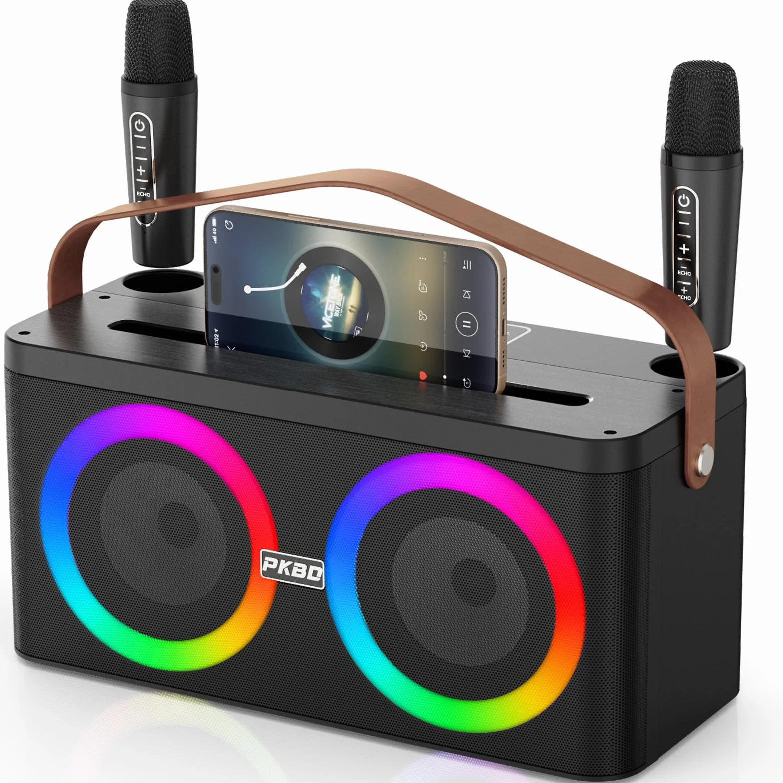 PKBD Máquina de Karaoke con Soporte para Teléfono/Pad, Altavoz Bluetooth Portátil con 2 Micrófonos Inalámbricos/Luces LED/Sistema PA para Fiestas en Casa, Regalos de Cumpleaños