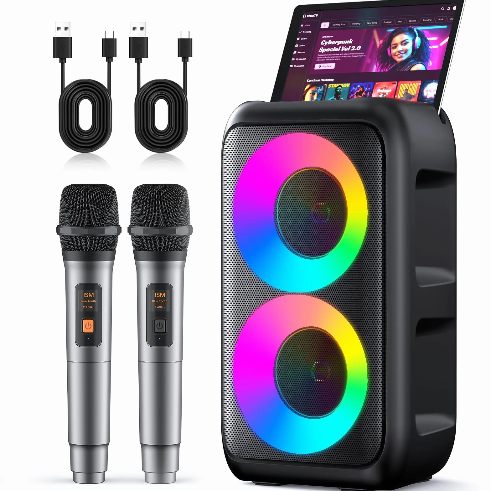 Karaoke 2 Microfonos Inalambricos (Novedad 2025): Altavoz Bluetooth con Sonido Envolvente y micrófonos de Voz cálida. Conecta por Bluetooth, AUX, USB o FM a tu TV, Smartphone, Tablet