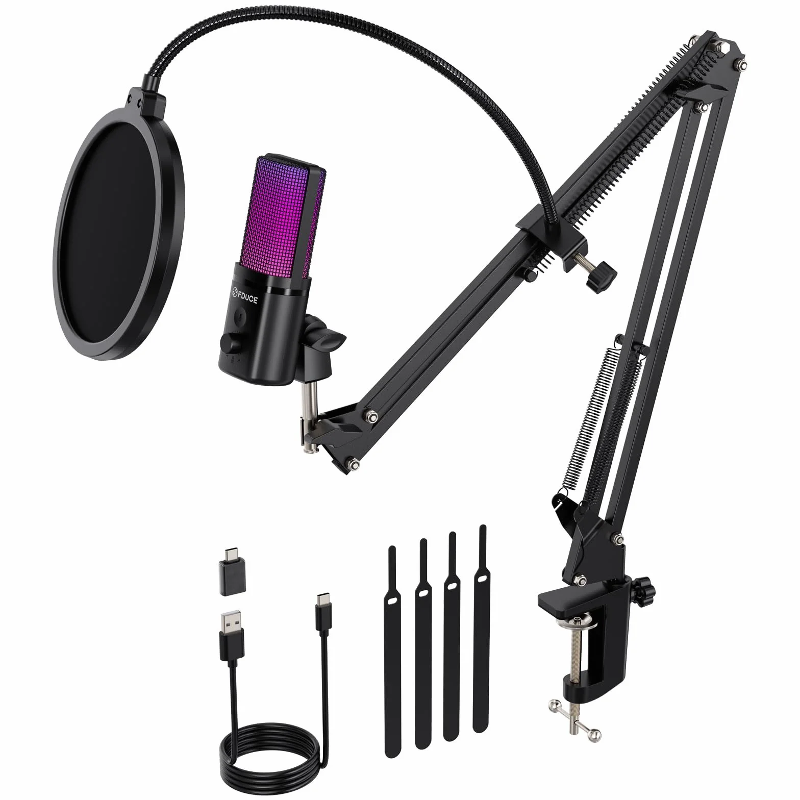 FDUCE Kit de micrófono USB para juegos para PC,micrófono de condensador RGB con conector para monitor,silencio rápido,control de ganancia,filtro pop,brazo de micrófono para streaming,podcasting,juegos
