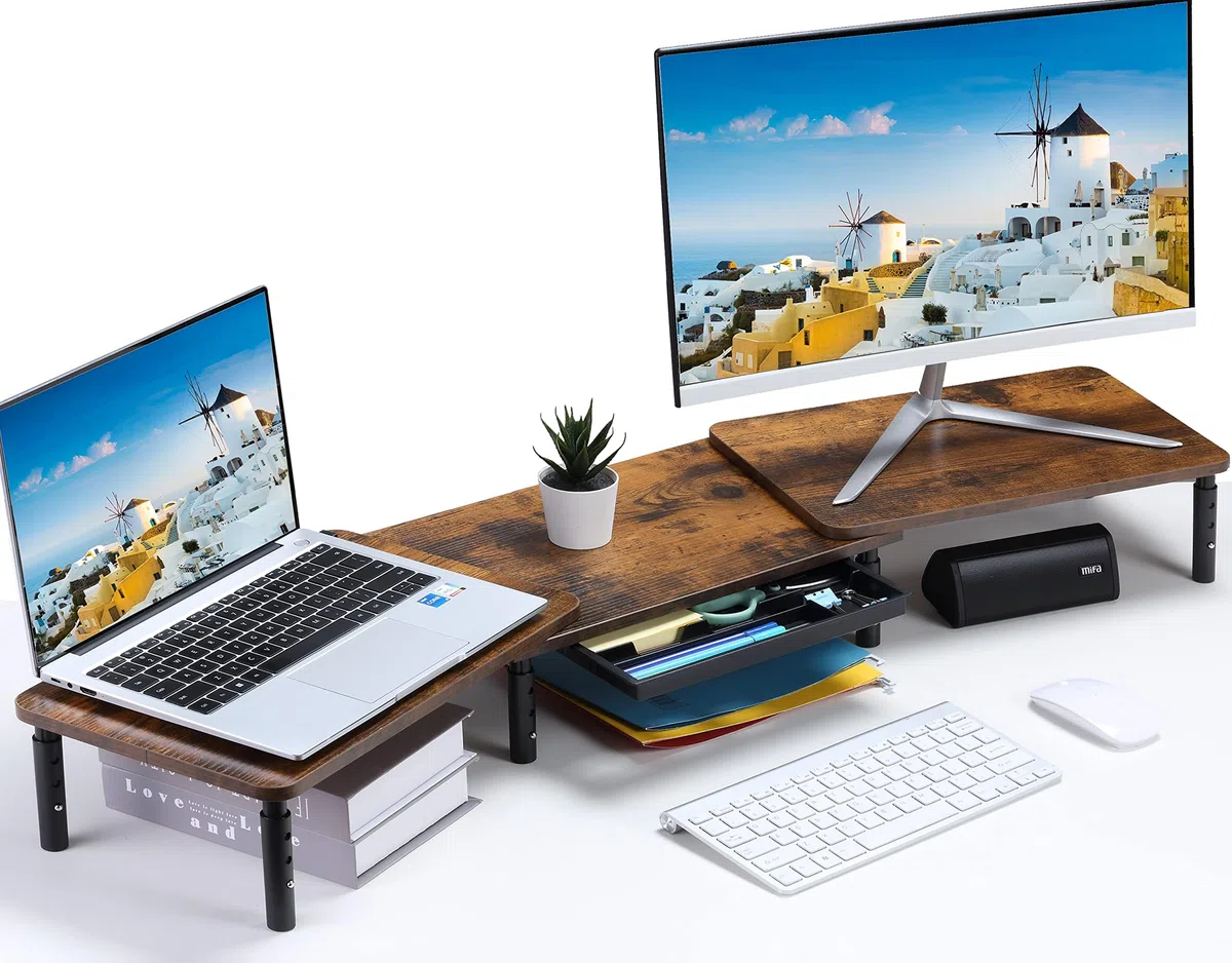 ETHU Soporte para monitor doble, elevador de doble monitor, ajustable, organizador con soporte para teléfono y cajón, accesorios de oficina, altura regulable