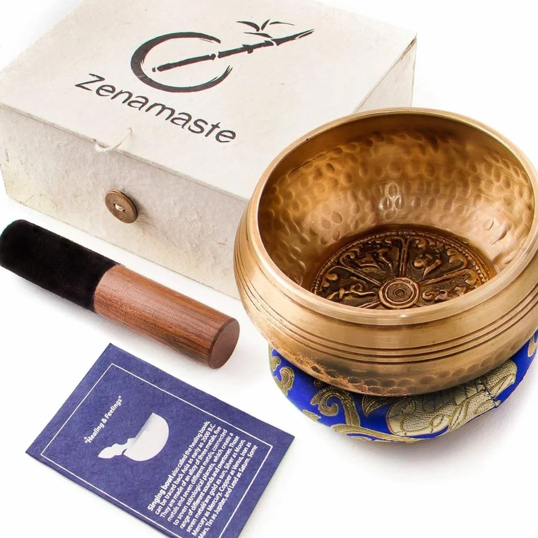 Cuenco tibetano de meditación hecho a mano en la ciudad nepalí de Bhaktapur | 450 g – 11,5 cm de diámetro | + Caja en papel nepalí con cojín | + Cuenco | + Mazo de madera