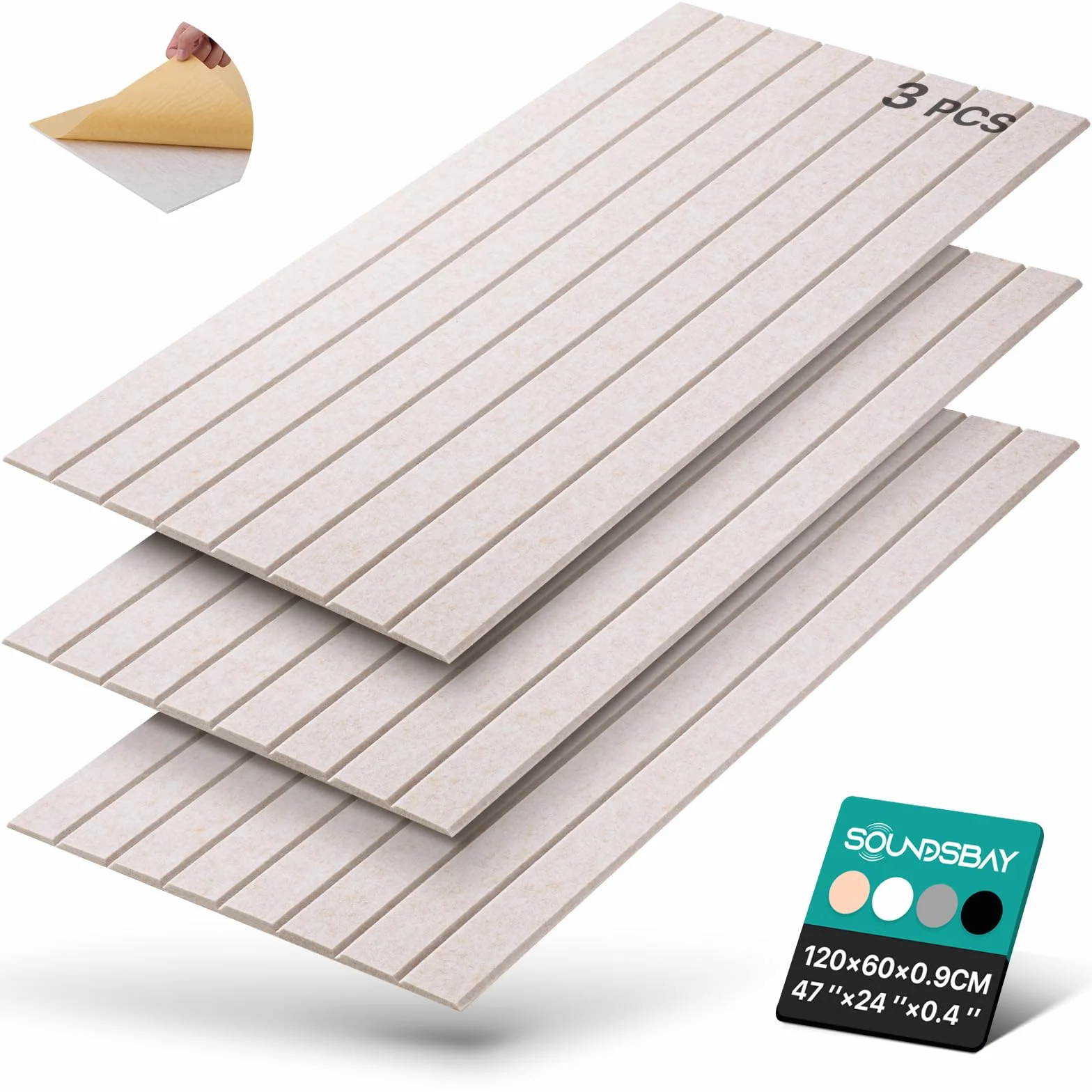 Paneles Acústicos Autoadhesivos Soundsbay de 2,16 m² (3 Unidades), 120×60×0,9 cm Paneles Acústicos de Pared para Tratamiento Acústico y Decoración de Paredes (Beige Claro)