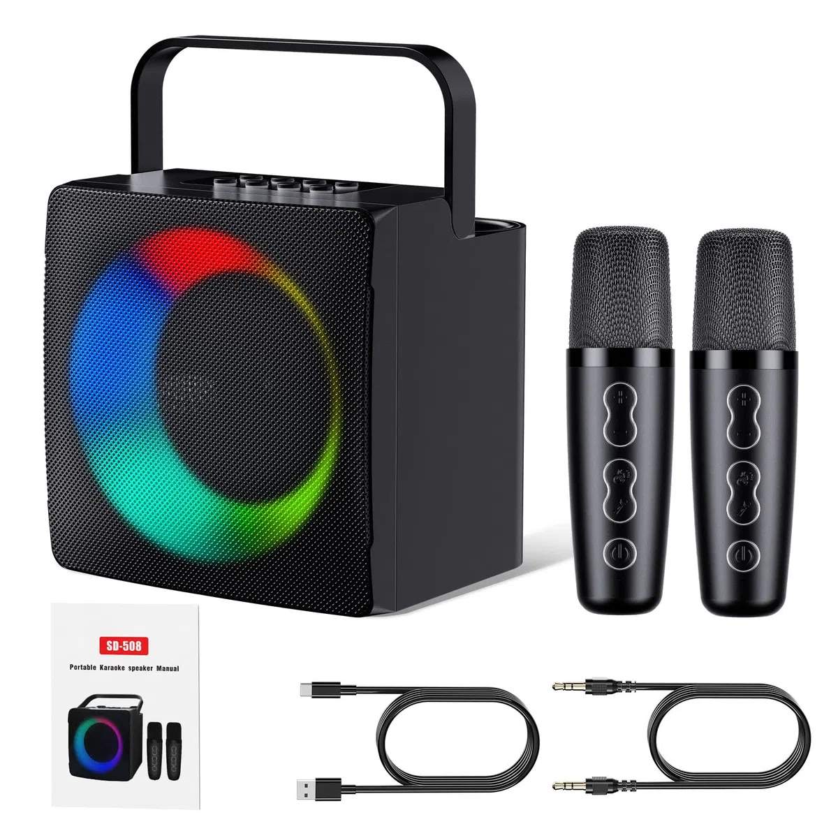 Máquina de Karaoke con 2 Micrófonos Inalámbricos, Altavoz Efectos Cambiador de Voz y Luces LED, Karaoke Completo Portátil Soporte Tarjeta TF, AUX, USB para Infantil, Adultos, Negro