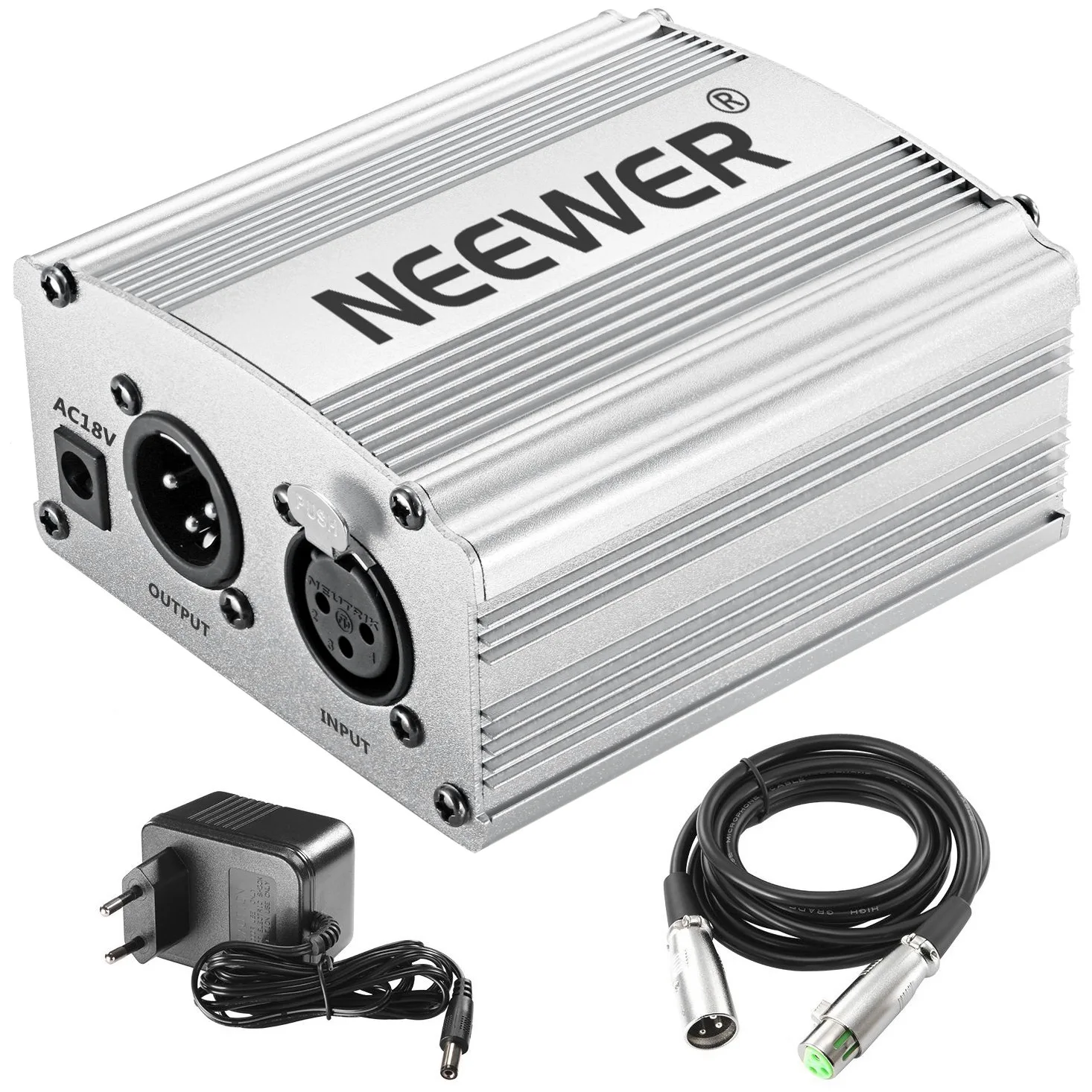 Neewer 1 Canal 48 V Phantom Fuente de alimentación de Color Plateado con Adaptador y Cable de Audio XLR para Cualquier micrófono de Condensador para música y Estudio de grabación