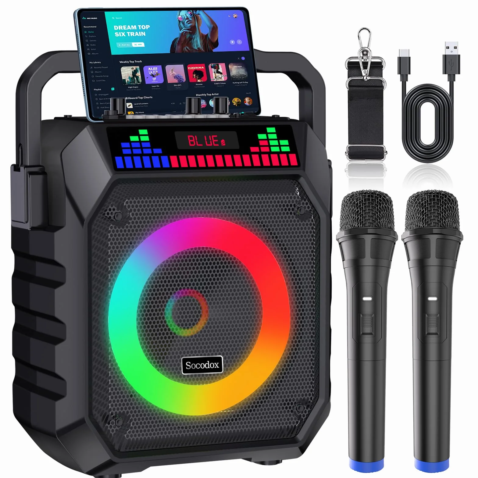 Karaoke con 2 Micrófonos Inalámbricos, Karaoke Portatil Bluetooth 15 W con DSP y Pantalla LED, Altavoz con Luces RGB, Soporta TF/USB/AUX y Función Streaming, para Adultos y Niños en Casa y Fiestas