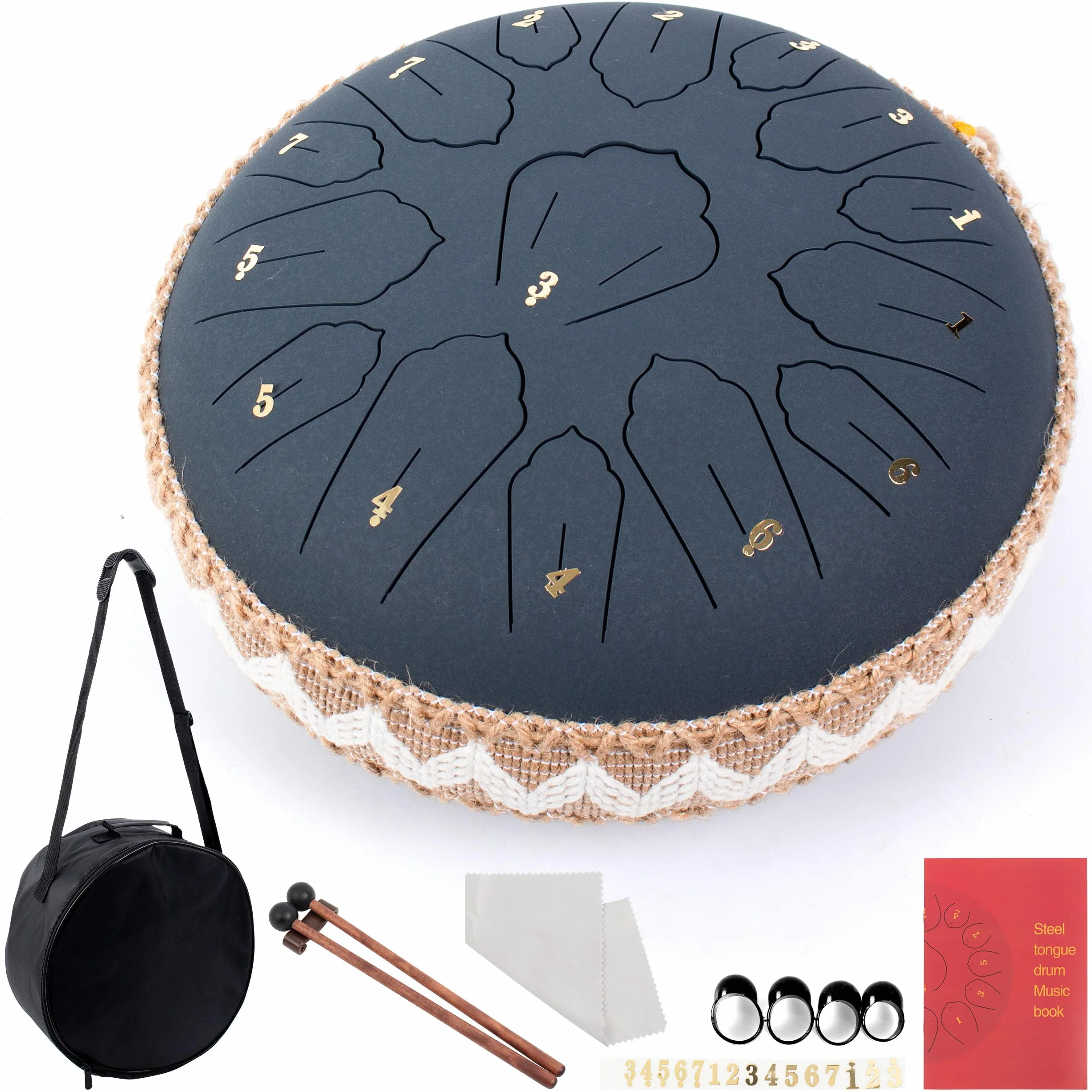 Steel Tongue Drum C Mayor, 12 Pulgadas 30 cm 15 Notas Handpan con Baquetas, Funda Protectora y Partituras Musicales, Tambor Percusion La Meditación y el Yoga, Azul Marino