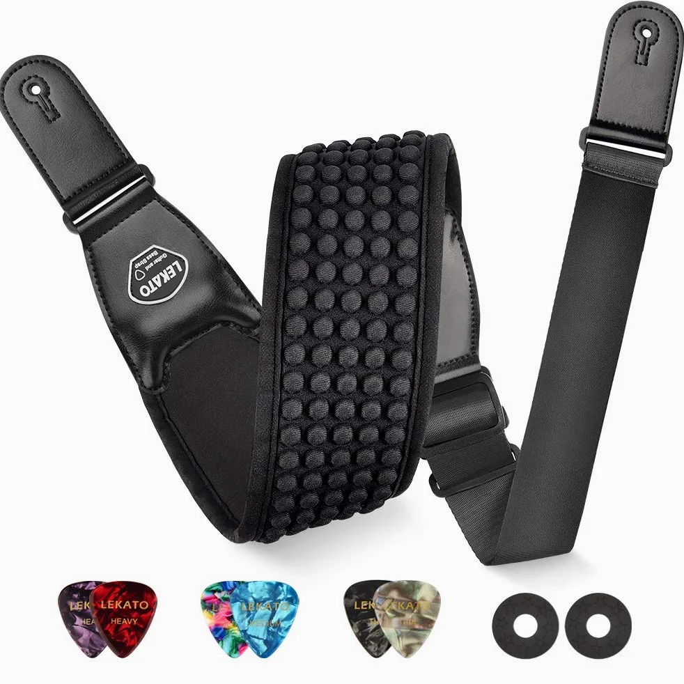 LEKATO - Correa de neopreno acolchada de espuma para guitarra, cómoda correa para el hombro con extremos de cuero genuino, amplia y cómoda correa de bajo para guitarra acústica eléctrica