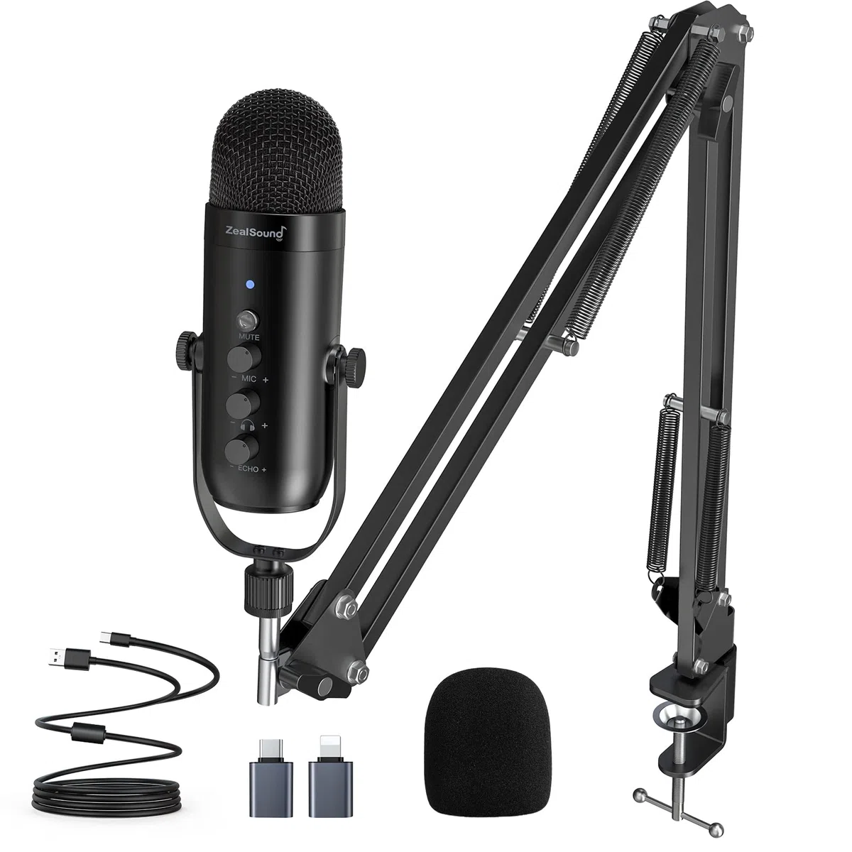 zealsound micrófono USB, Micro Podcast de Condensador para Smartphone PC, con Adaptador Tipo C, Silencio, Soporte, para Streaming, Youtube, Grabación