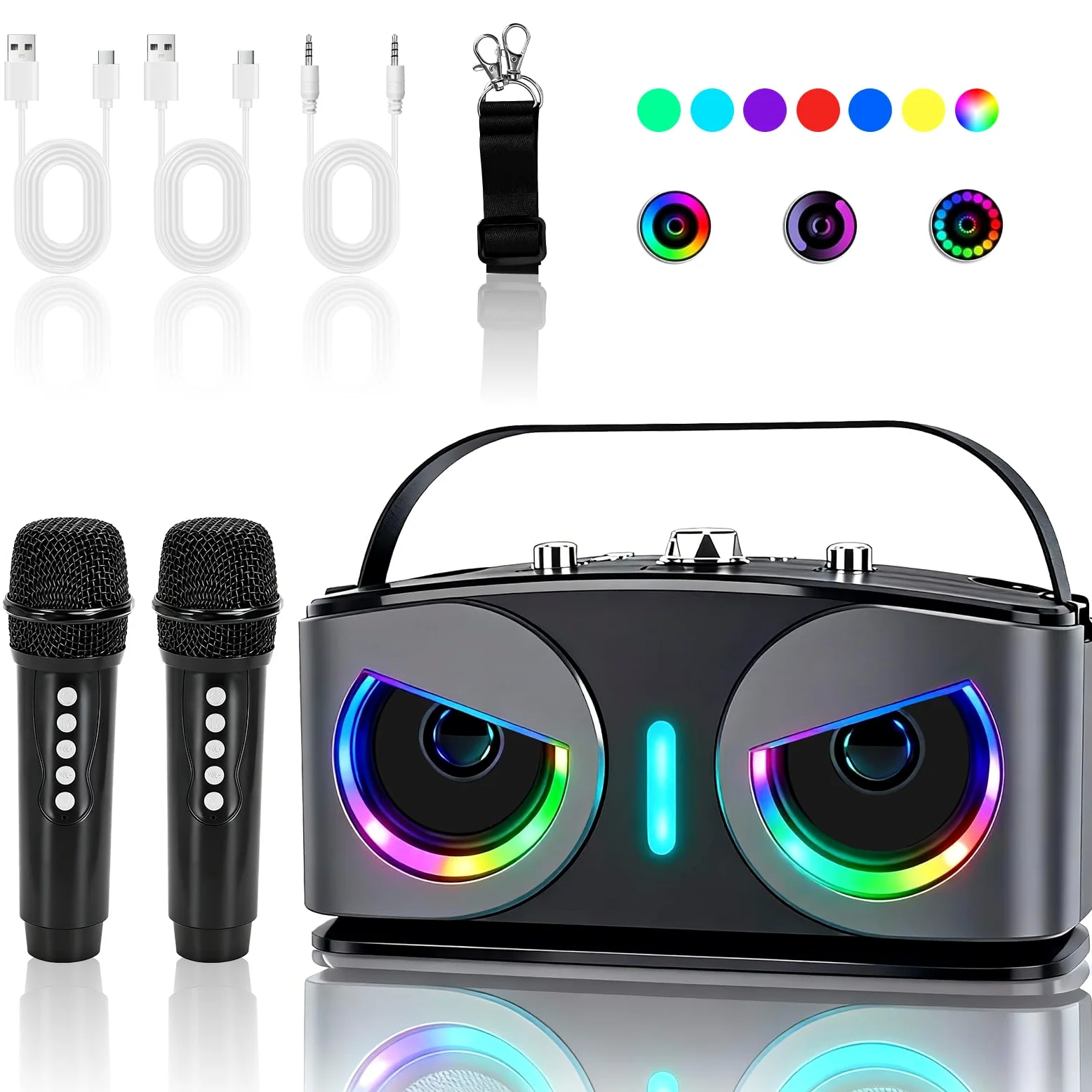 Máquina de Karaoke, con 2 Micrófonos Inalámbricos, Bluetooth 5.3 Sistema de Karaoke Portátil con Luces LED para Fiesta en Casa, al Aire Libre y Boda, Soporta TWS/TF Card/USB/AUX (Negro)