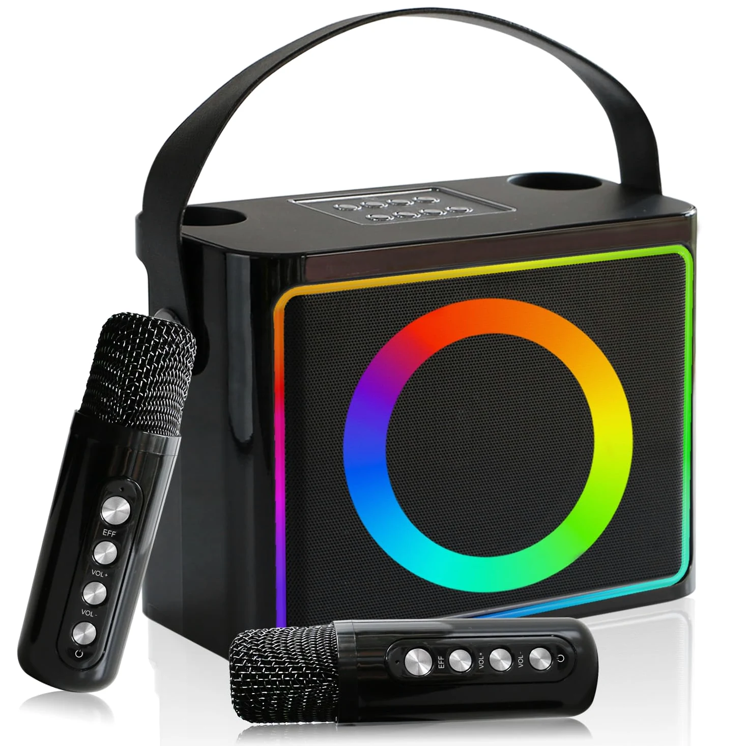 Karaoke 2 microfonos inalambricos,máquina de Karaoke portátil para Adultos y niños, Altavoz Bluetooth portátil con Sistema PA, Luces LED, soporta Tarjeta TF/USB, Entrada AUX, FM, USB
