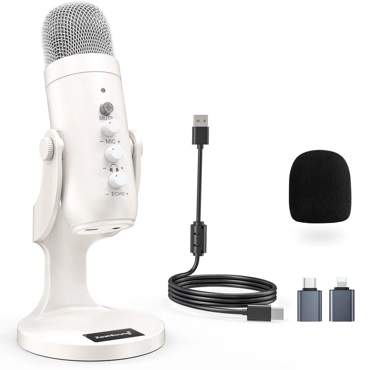 zealsound Micrófono de Condensador, Asmr micrófono, micrófonos Plug & Play para PS 4&5, Control de Ganancia de micrófono, botón de Silencio para TikTok, Podcast de Youtube en Mac y Windows, Perla