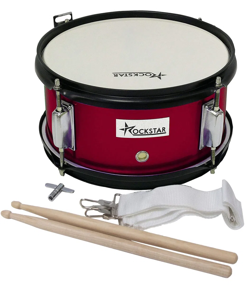ROCKSTAR - Tambor Infantil Iniciación en Madera Afinable JINBAO SMD1005-WR Color Metalizado. Caja marcha. Incluye Correa y Baquetas, Instrumento Musical de Percusión, Parche afinable y bordonero