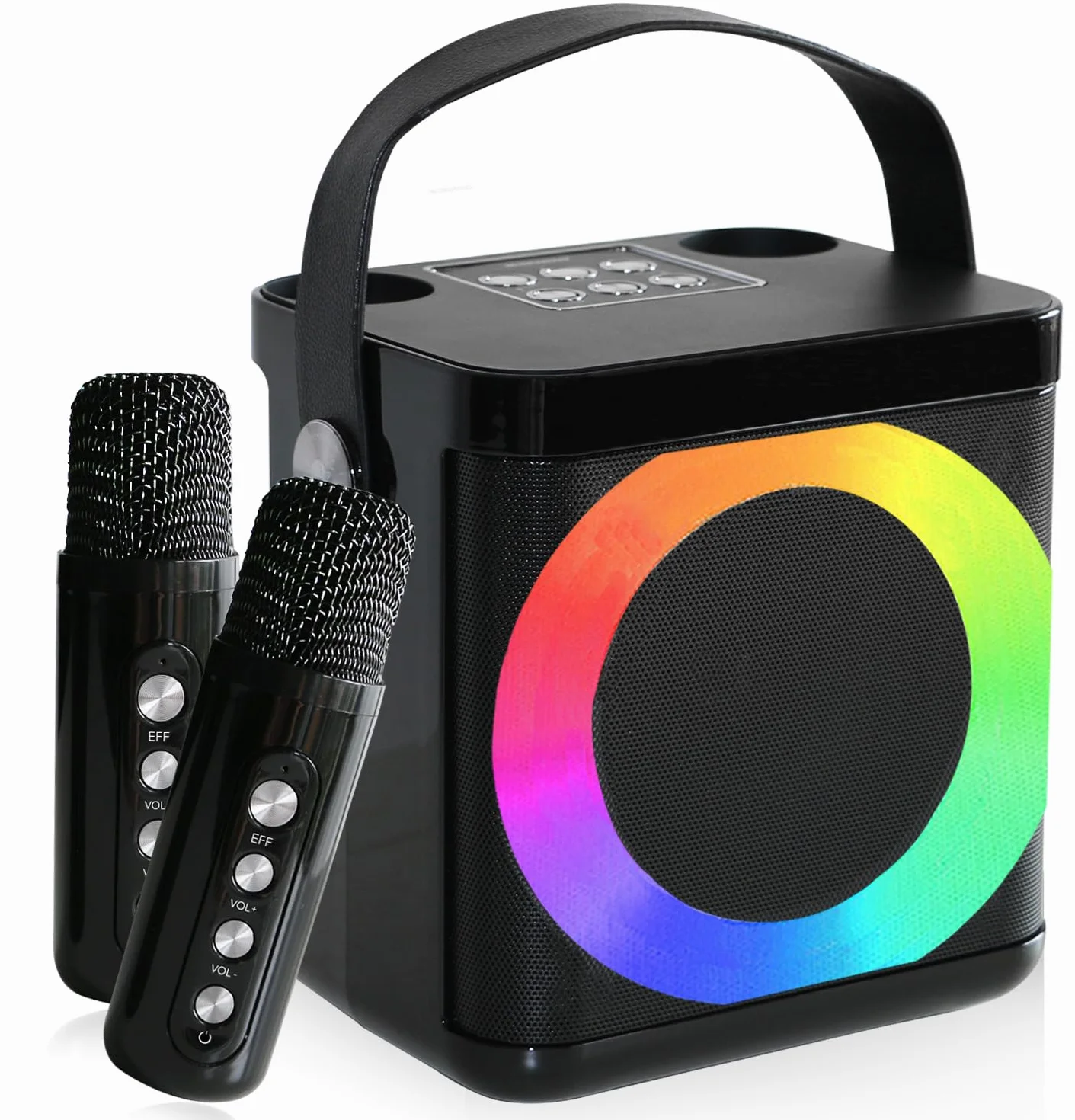 Karaoke 2 microfonos inalambricos, Altavoz Karaoke Profesional, Karaoke portatil, Altavoz con microfono para Adultos y Niños, Luces LED,USB/TF/AUX, Compatible con Android/iPad/TV/PC