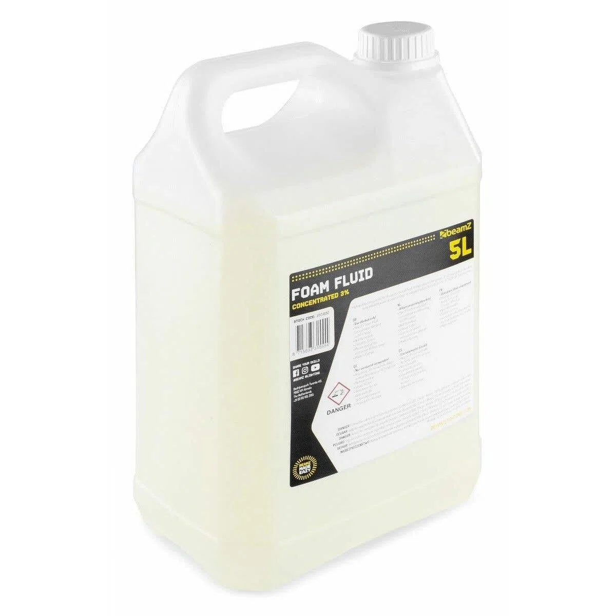 Beamz FFL5 – Líquido de Espuma Concentrado 5L 3% para cañón de Espuma, Genera hasta 166L, Biodegradable no inflamable Compatible JFC1000 Uso Profesional Eventos Fiestas Discotecas