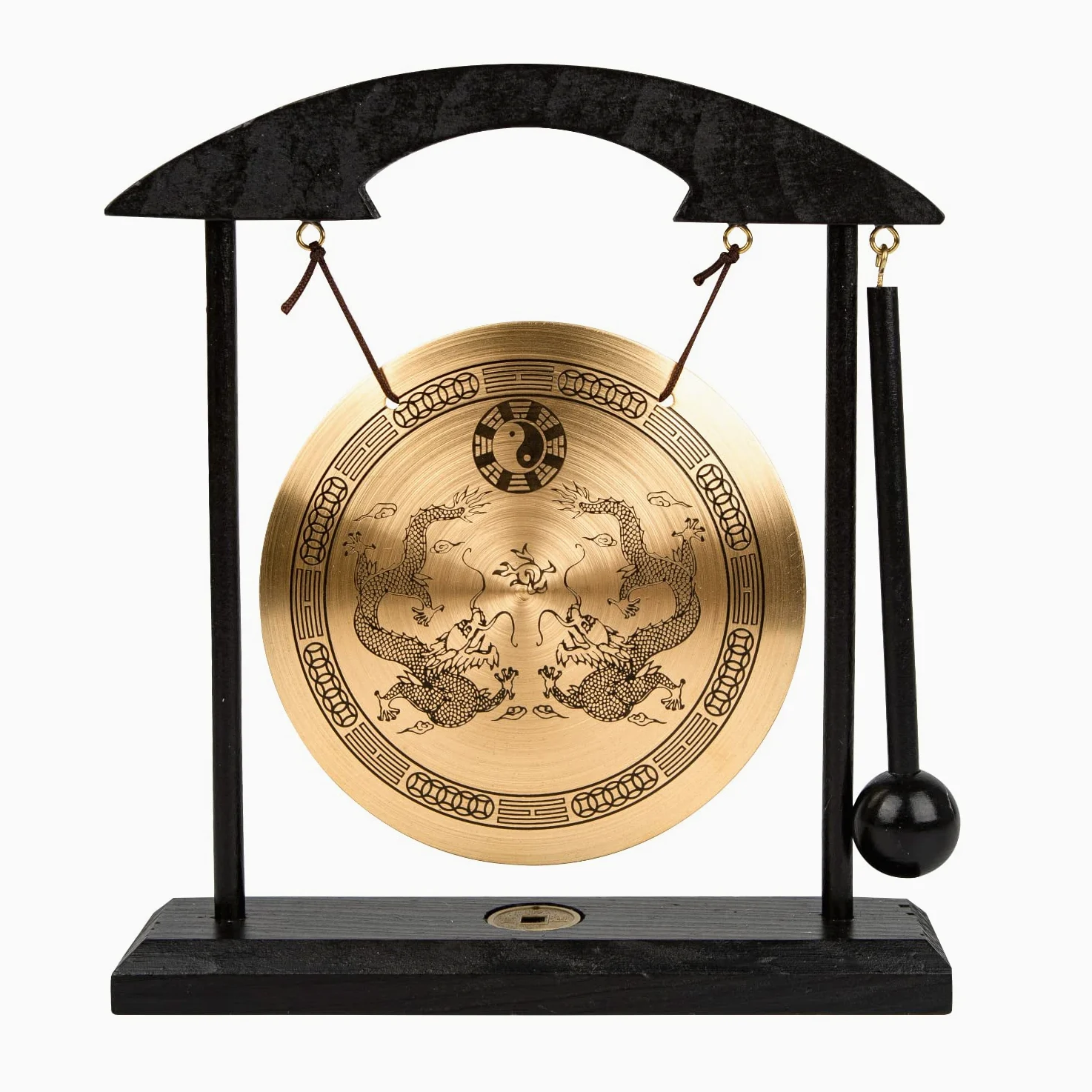 Asian Home Mose Cafolo Feng Shui Gong de Escritorio Zen Art Brass 22,86 cm x 19,05 cm x 4,44 cm Madera y Cobre Gong de Feng Shui